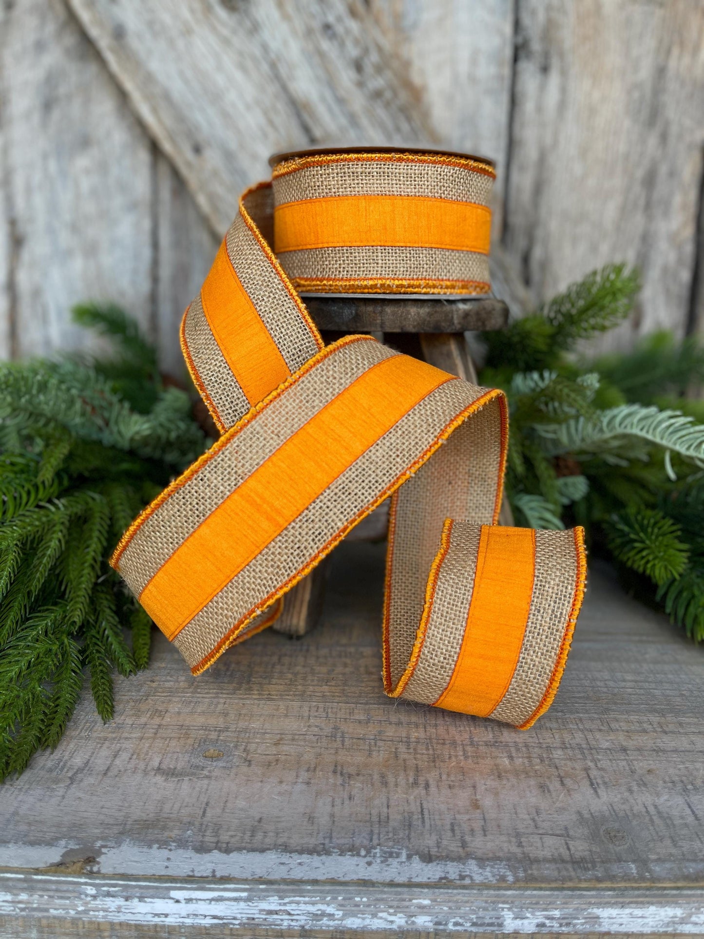 2.5" Orange Burlap Border Ribbon, Farrisilk Ribbon, Wired Ribbon, Fall Ribbon, Orange Ribbon, Halloween, Burlap Ribbon, SR094-52