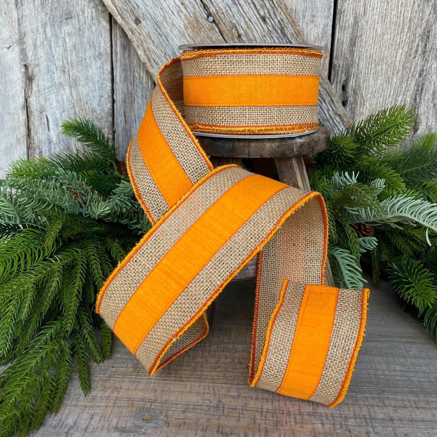 2.5" Orange Burlap Border Ribbon, Farrisilk Ribbon, Wired Ribbon, Fall Ribbon, Orange Ribbon, Halloween, Burlap Ribbon, SR094-52