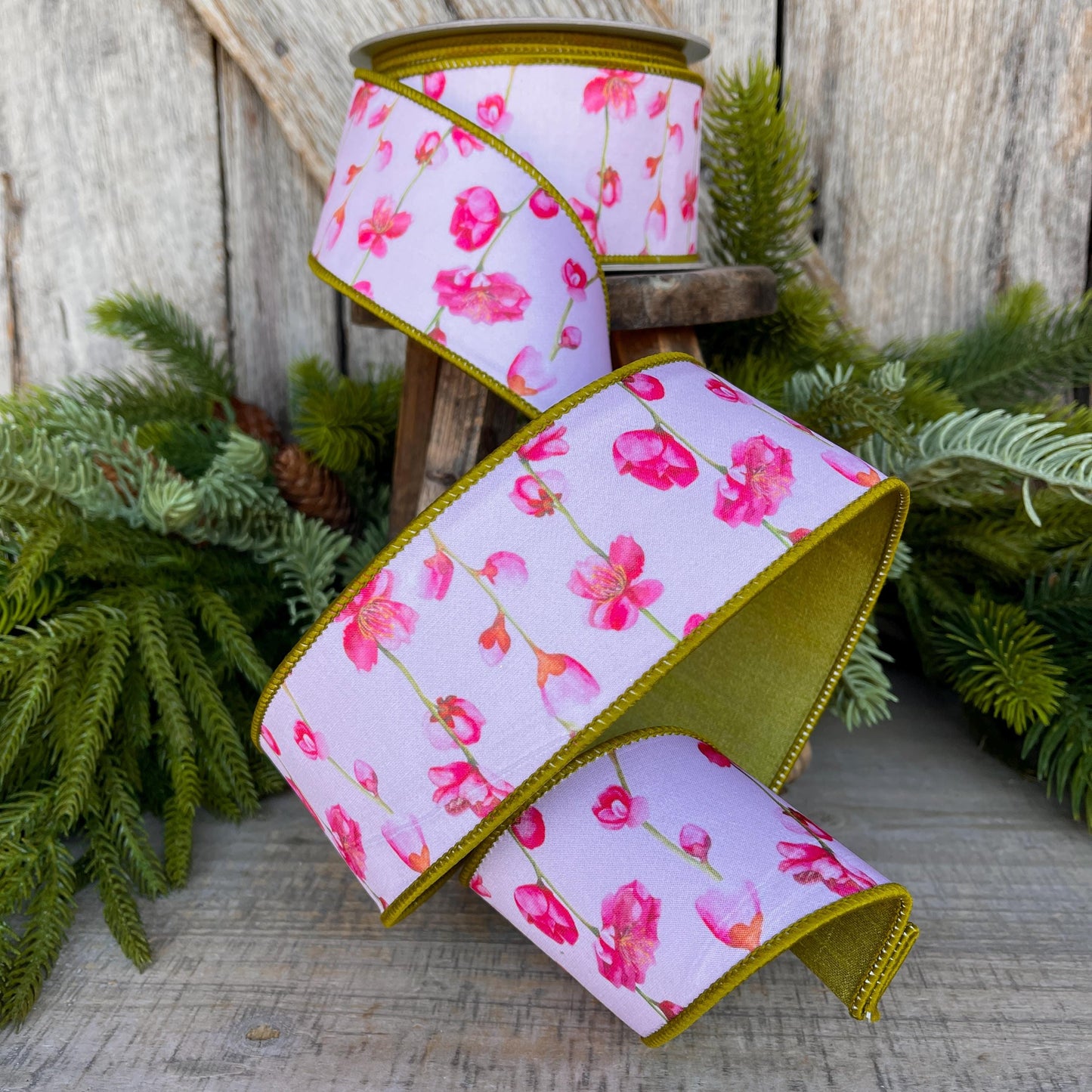 2.5" Cherry Blossom Ribbon, Farrisilk Ribbon, Wired Ribbon, Pink Floral Ribbon, Cherry Blossom Decor, SR010-14