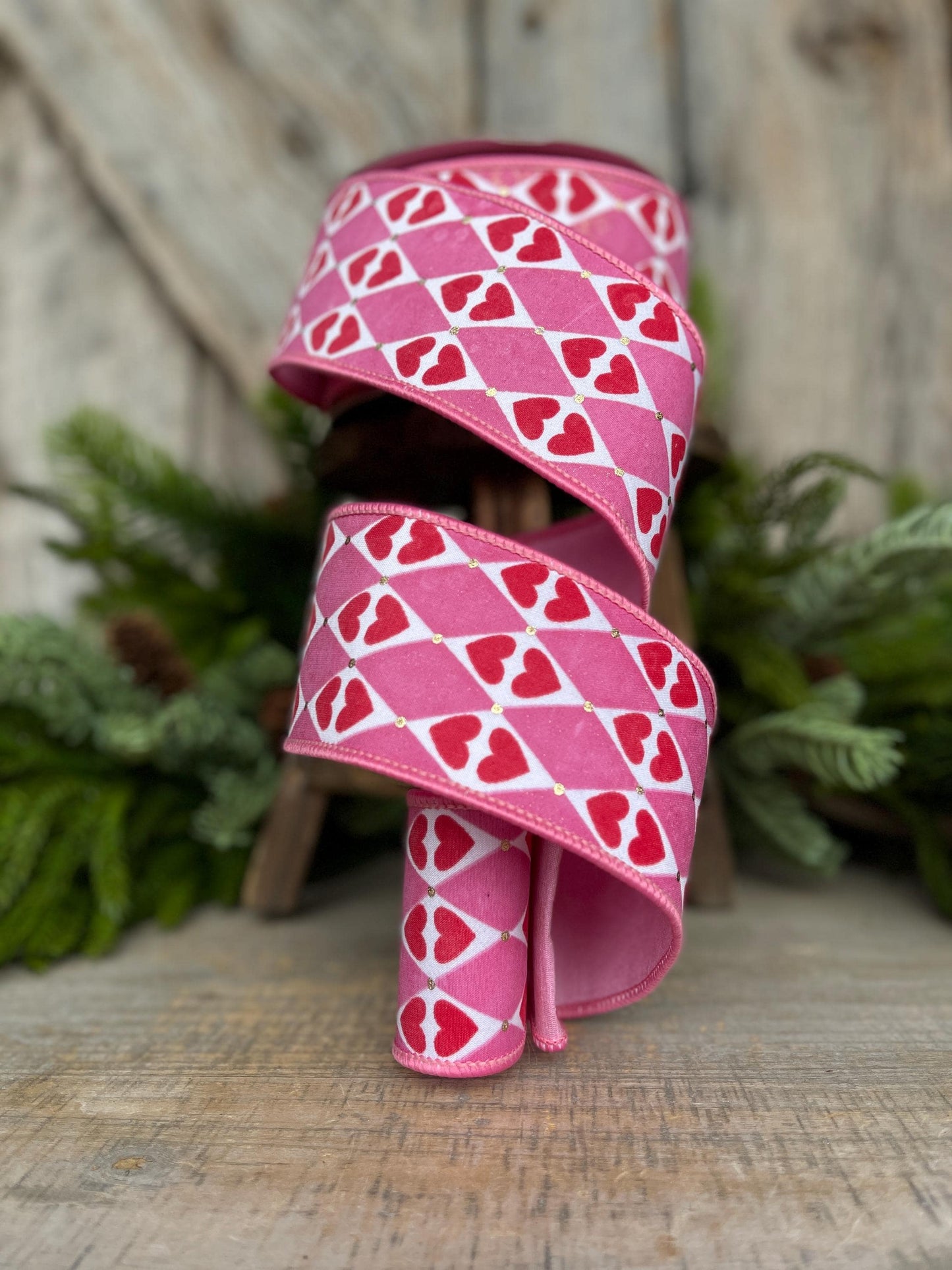 2.5" Heart Valentine Ribbon, Farrisilk Ribbon, Wired RIbbon, Queen of Hearts Ribbon, Valentine Ribbon, Pink and Red Ribbon, SR014-14