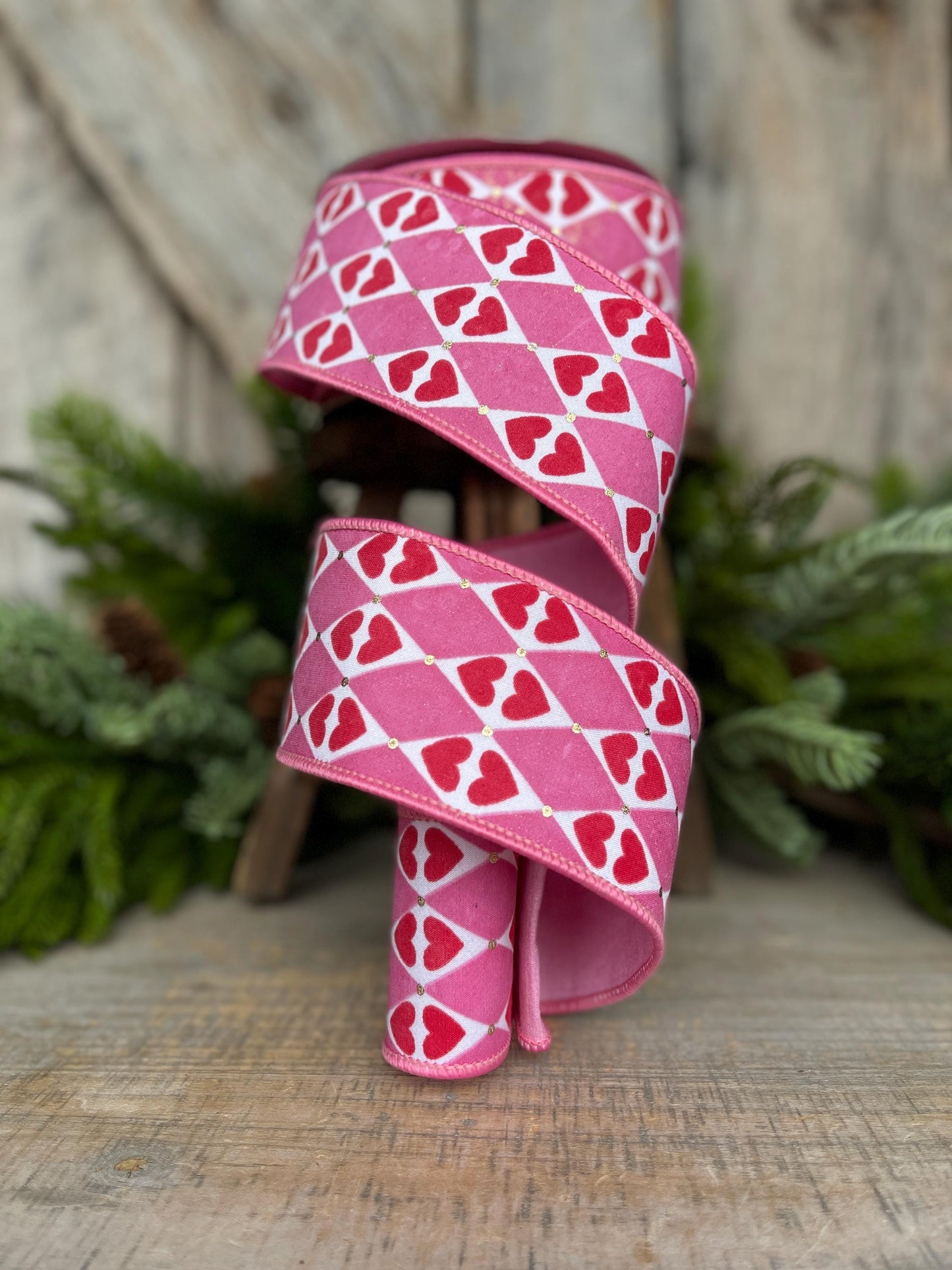 2.5" Heart Valentine Ribbon, Farrisilk Ribbon, Wired RIbbon, Queen of Hearts Ribbon, Valentine Ribbon, Pink and Red Ribbon, SR014-14