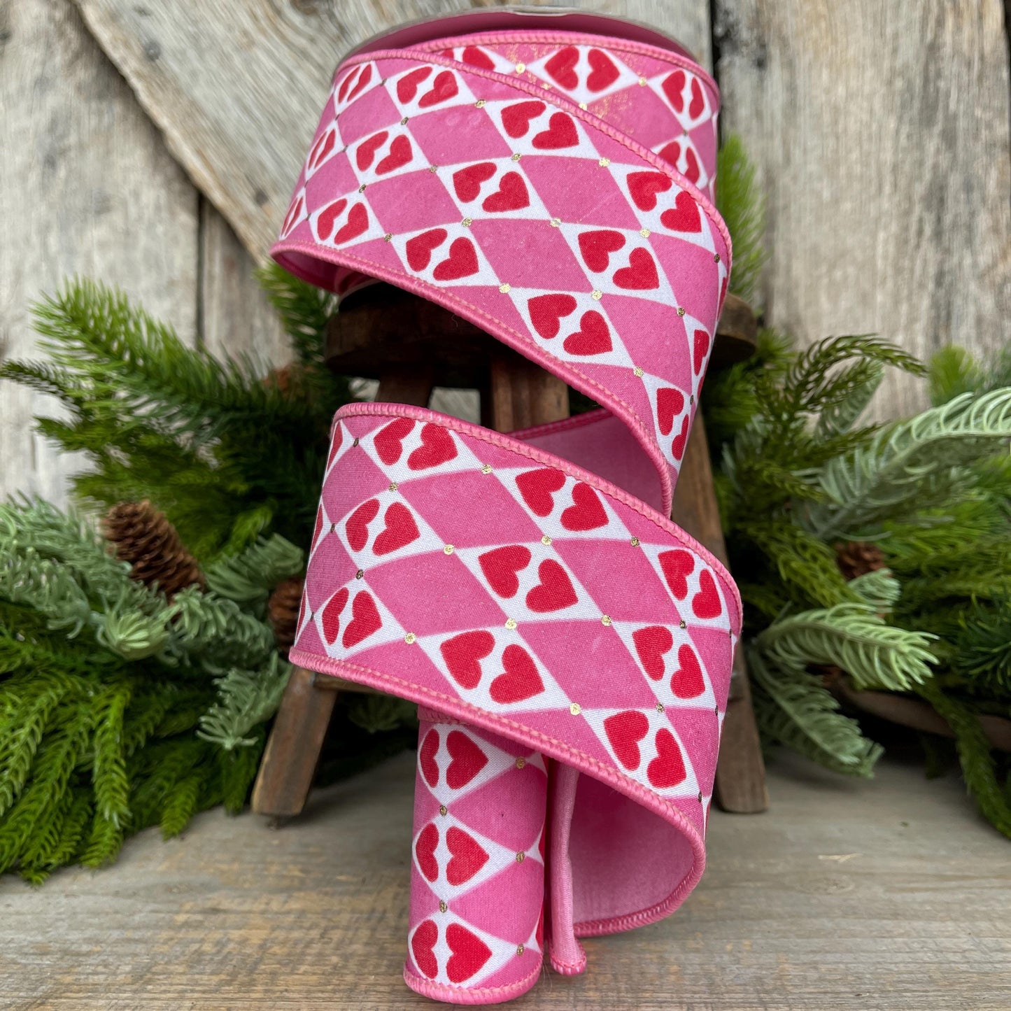 2.5" Heart Valentine Ribbon, Farrisilk Ribbon, Wired RIbbon, Queen of Hearts Ribbon, Valentine Ribbon, Pink and Red Ribbon, SR014-14