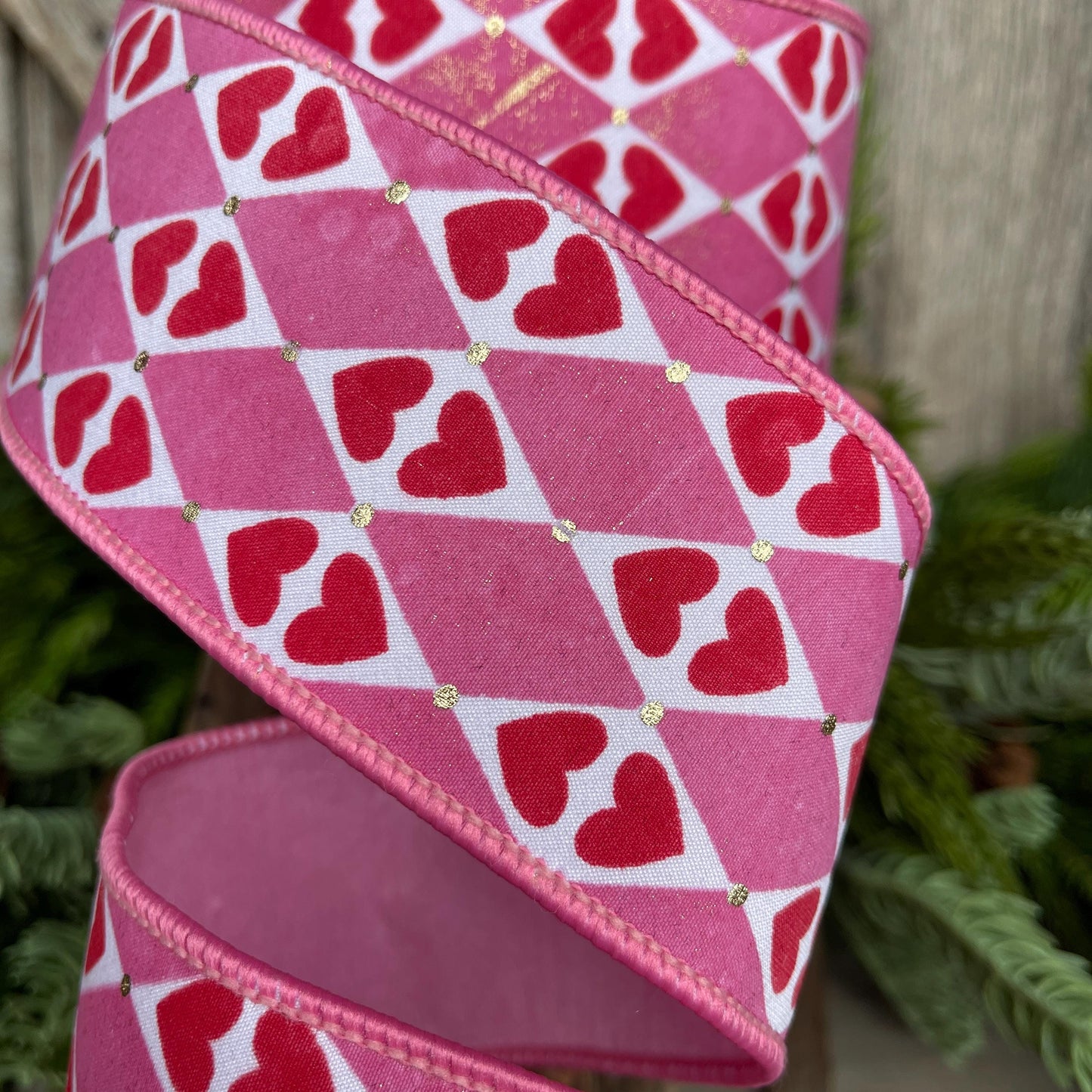 2.5" Heart Valentine Ribbon, Farrisilk Ribbon, Wired RIbbon, Queen of Hearts Ribbon, Valentine Ribbon, Pink and Red Ribbon, SR014-14