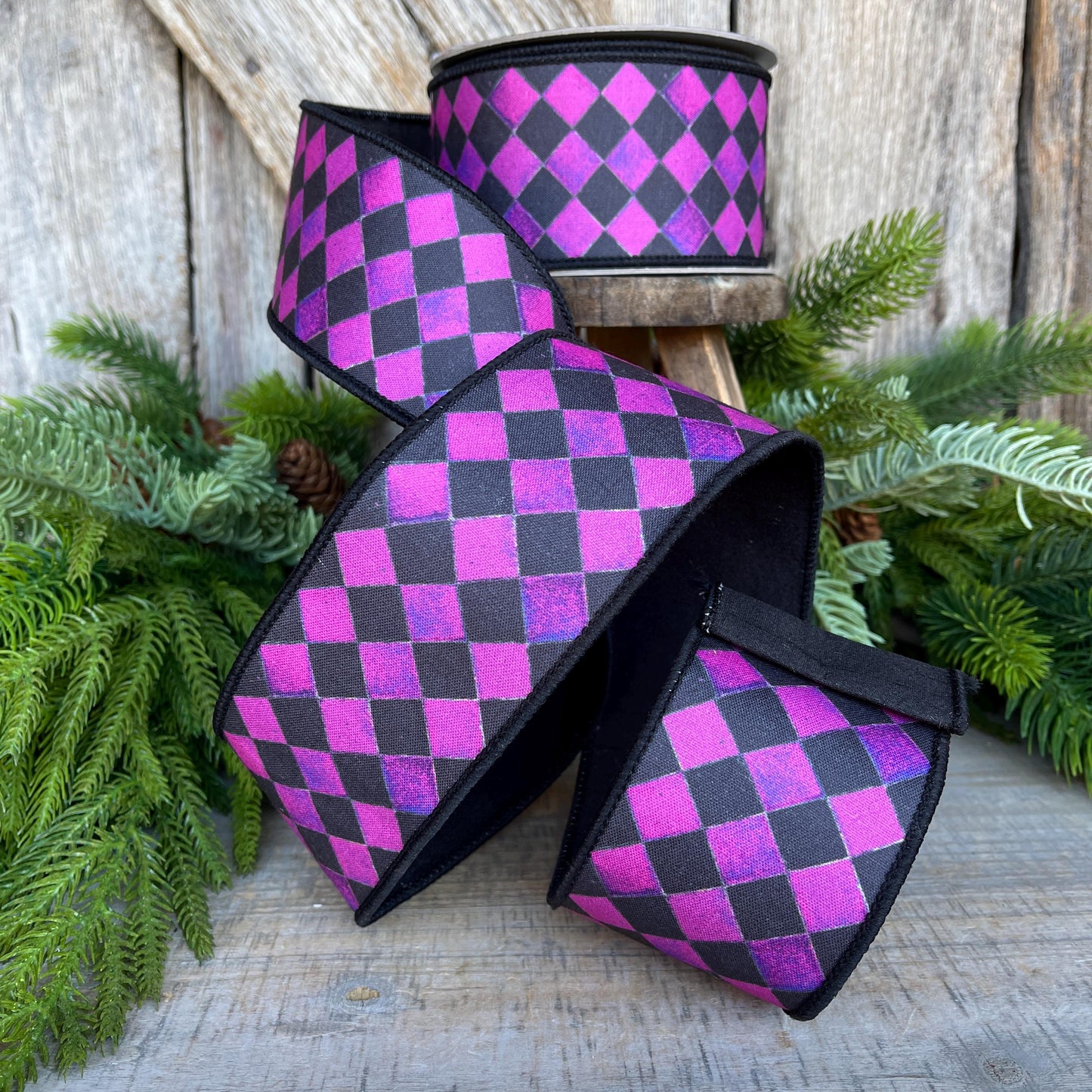 2.5" Purple Harlequin Ribbon, Farrisilk Ribbon, Purple Sketch Checks, Halloween Ribbon, Wired RIbbon,Designer Ribbon, HR044-27