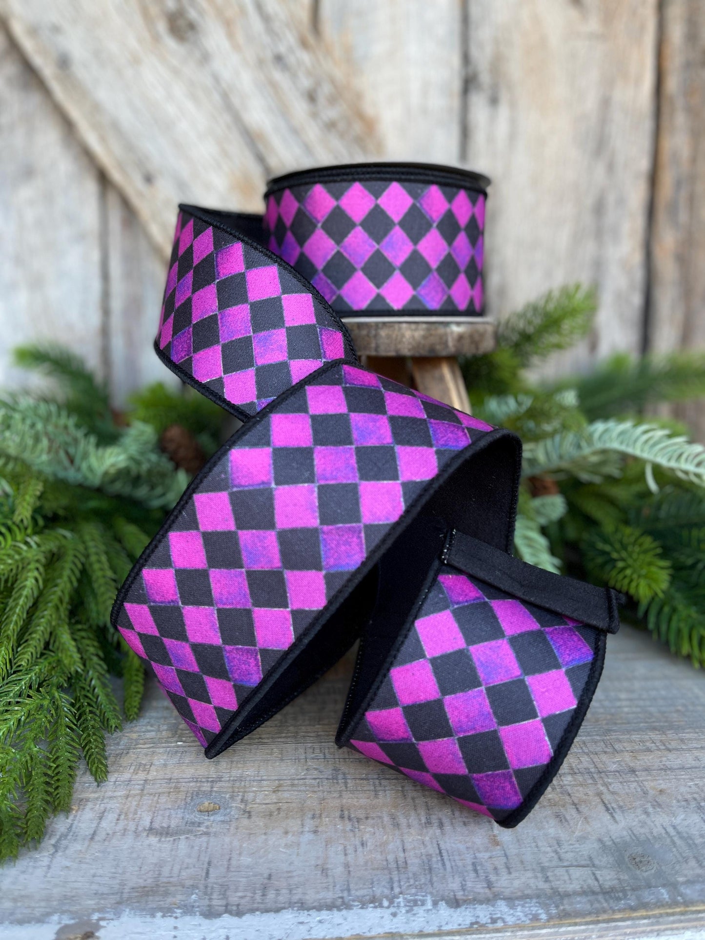 2.5" Purple Harlequin Ribbon, Farrisilk Ribbon, Purple Sketch Checks, Halloween Ribbon, Wired RIbbon,Designer Ribbon, HR044-27