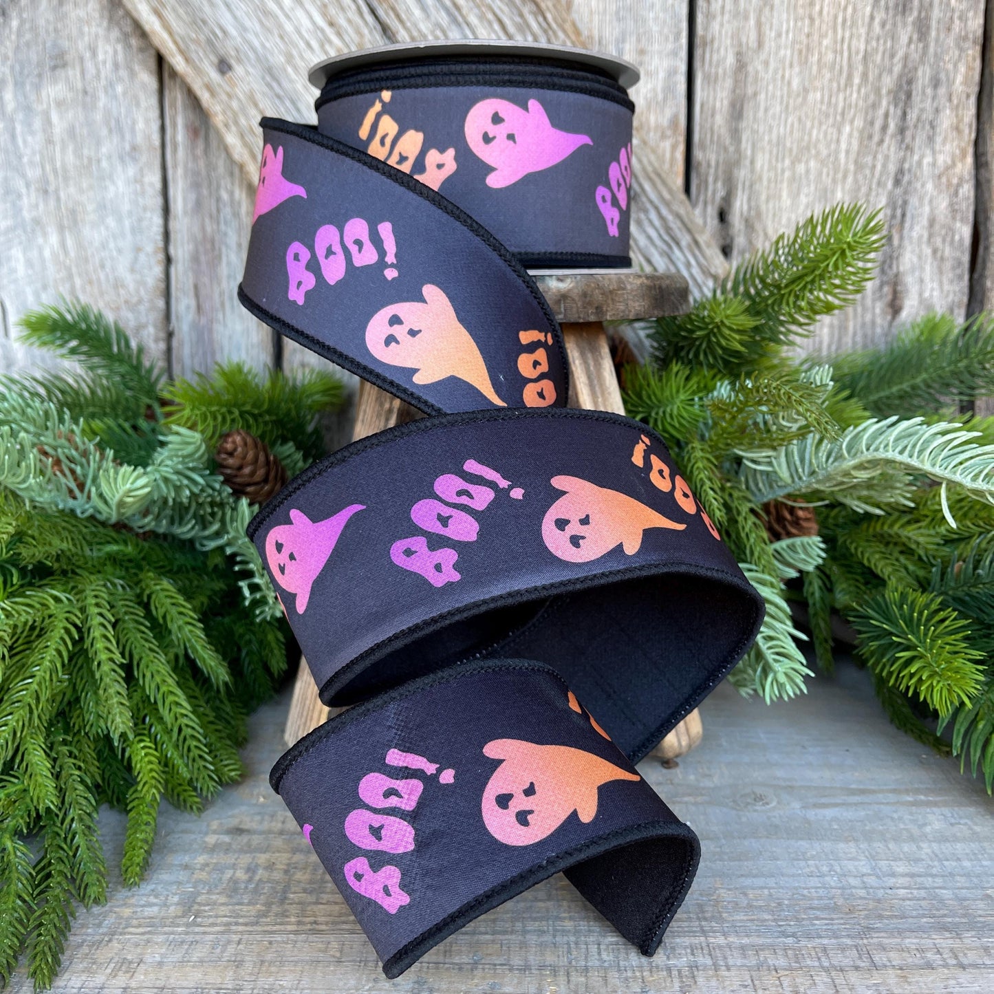 2.5" Boo Halloween Ribbon, Farrisilk Ribbon, Wired Ribbon, Black Purple Orange Boo Ribbon, Halloween Ribbon, HR052-32