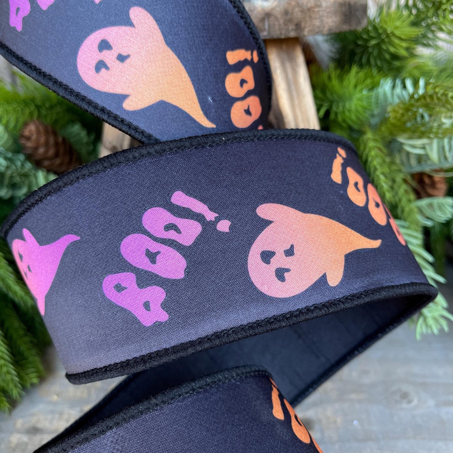 2.5" Boo Halloween Ribbon, Farrisilk Ribbon, Wired Ribbon, Black Purple Orange Boo Ribbon, Halloween Ribbon, HR052-32