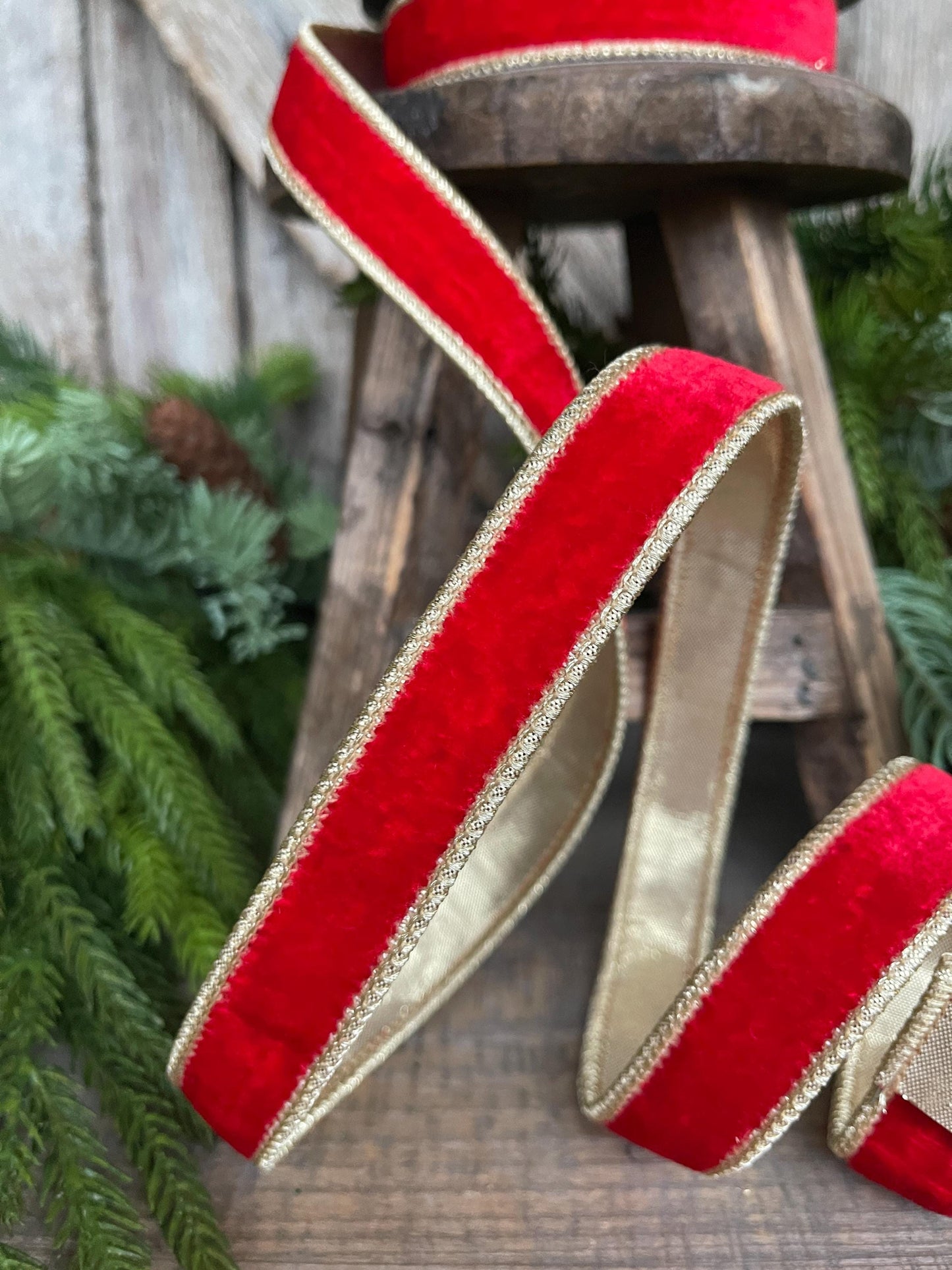 1" Red Plush Velvet RIbbon, Wired Ribbon, Red Velvet Ribbon, Christmas Ribbon, Holiday Ribbon, Red and Gold Velvet Ribbon, Red Wired Ribbon