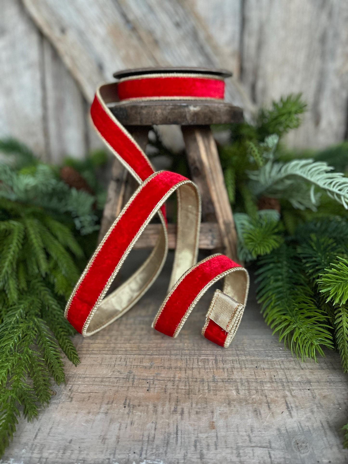 1" Red Plush Velvet RIbbon, Wired Ribbon, Red Velvet Ribbon, Christmas Ribbon, Holiday Ribbon, Red and Gold Velvet Ribbon, Red Wired Ribbon