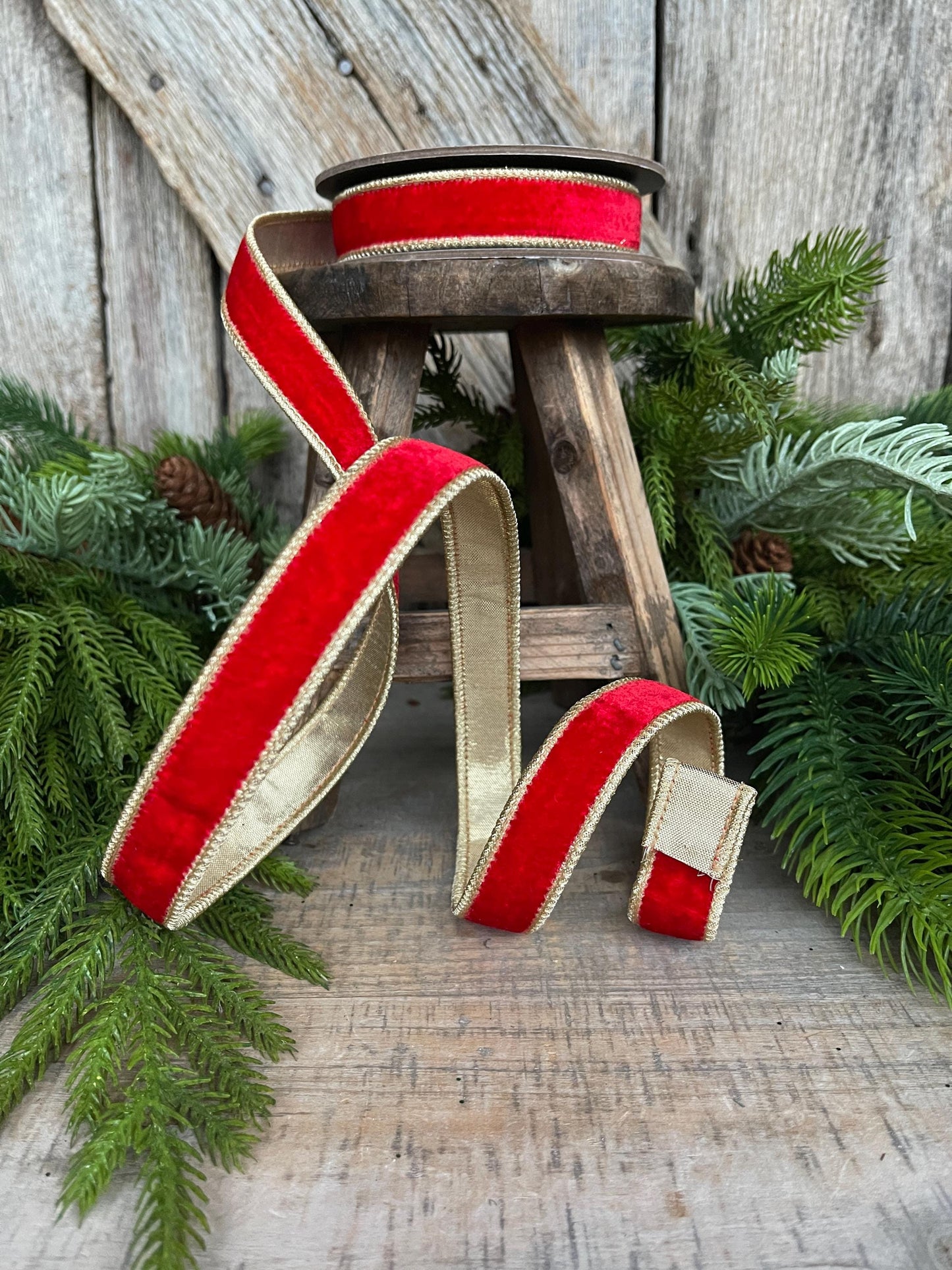 1" Red Plush Velvet RIbbon, Wired Ribbon, Red Velvet Ribbon, Christmas Ribbon, Holiday Ribbon, Red and Gold Velvet Ribbon, Red Wired Ribbon