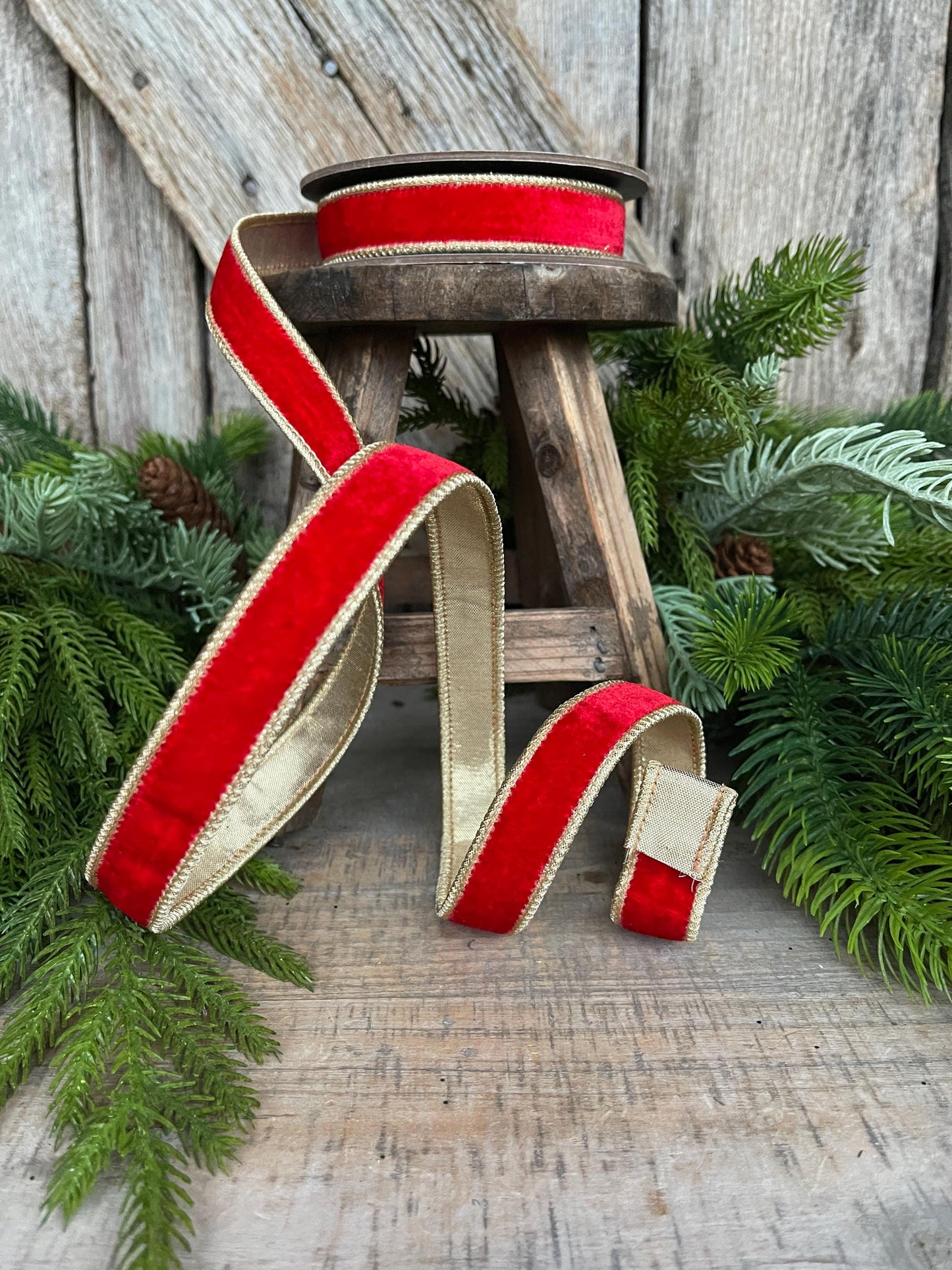 1" Red Plush Velvet RIbbon, Wired Ribbon, Red Velvet Ribbon, Christmas Ribbon, Holiday Ribbon, Red and Gold Velvet Ribbon, Red Wired Ribbon