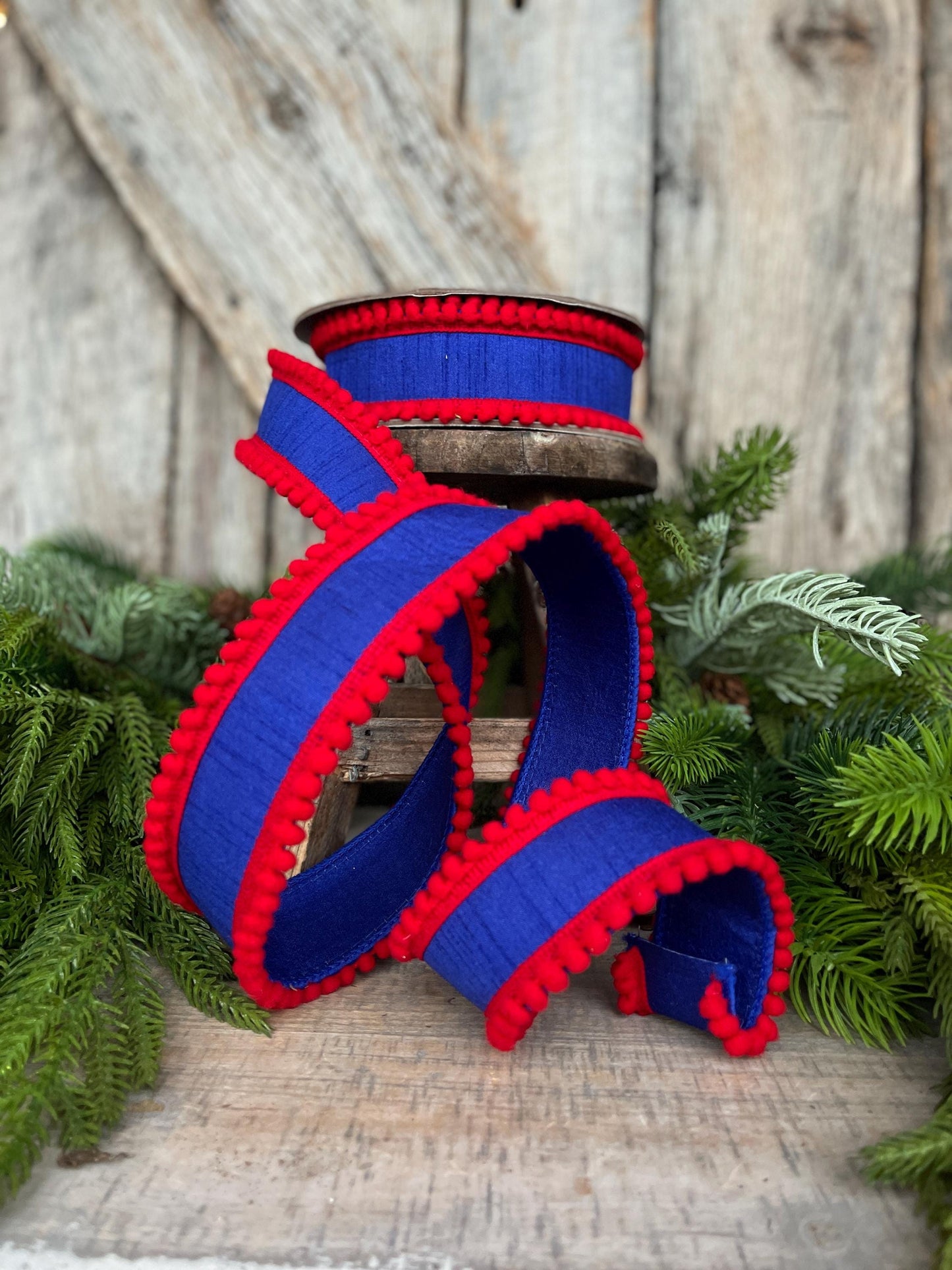 1.5" Patriotic Wired Ribbon, Pom Pom Ribbon Americana Ribbon, 4th of July Decor, 9556W-032-63C