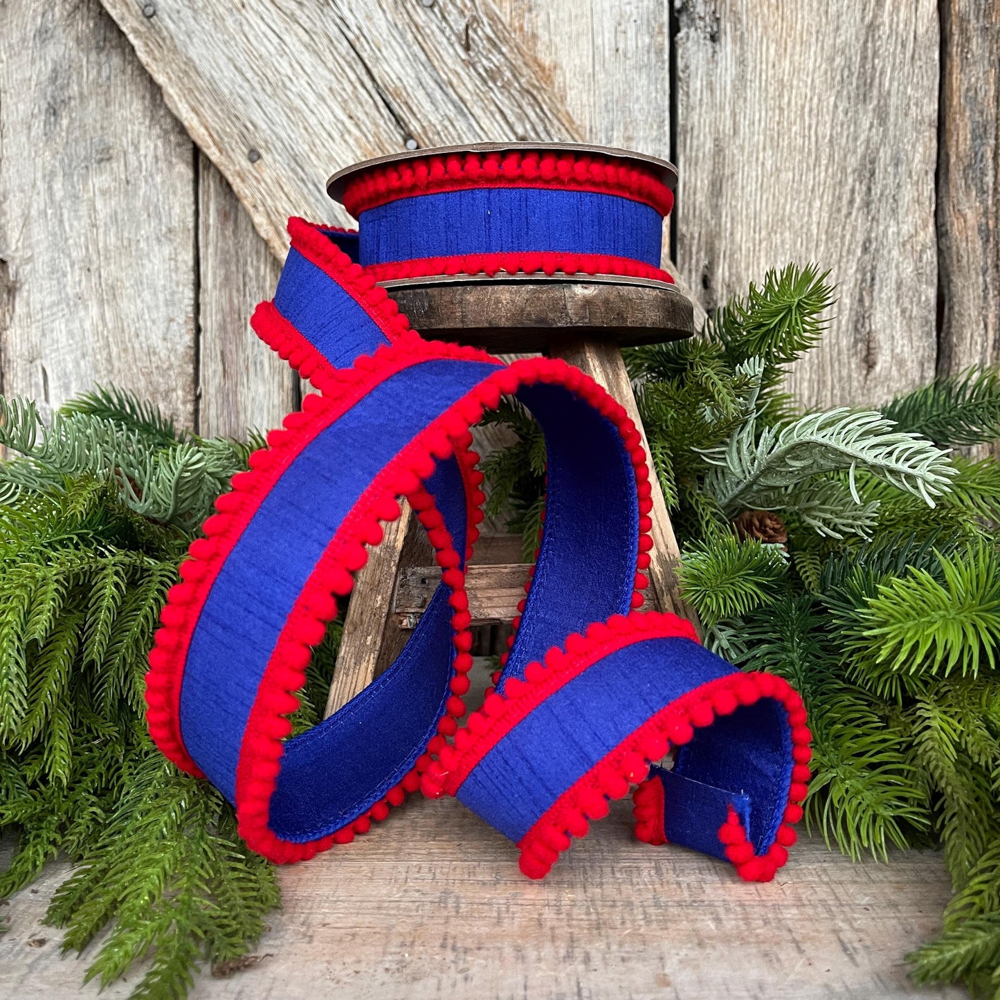 1.5" Patriotic Wired Ribbon, Pom Pom Ribbon Americana Ribbon, 4th of July Decor, 9556W-032-63C