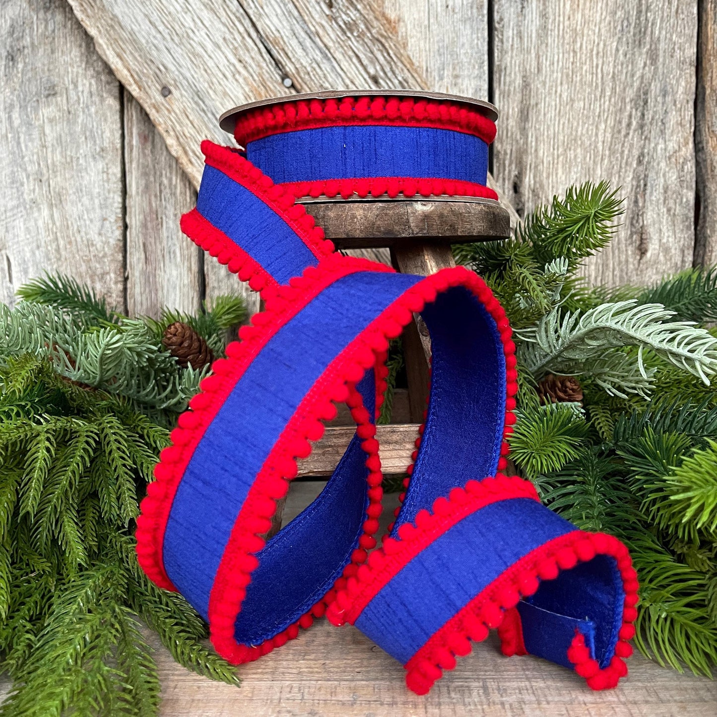 1.5" Patriotic Wired Ribbon, Pom Pom Ribbon Americana Ribbon, 4th of July Decor, 9556W-032-63C