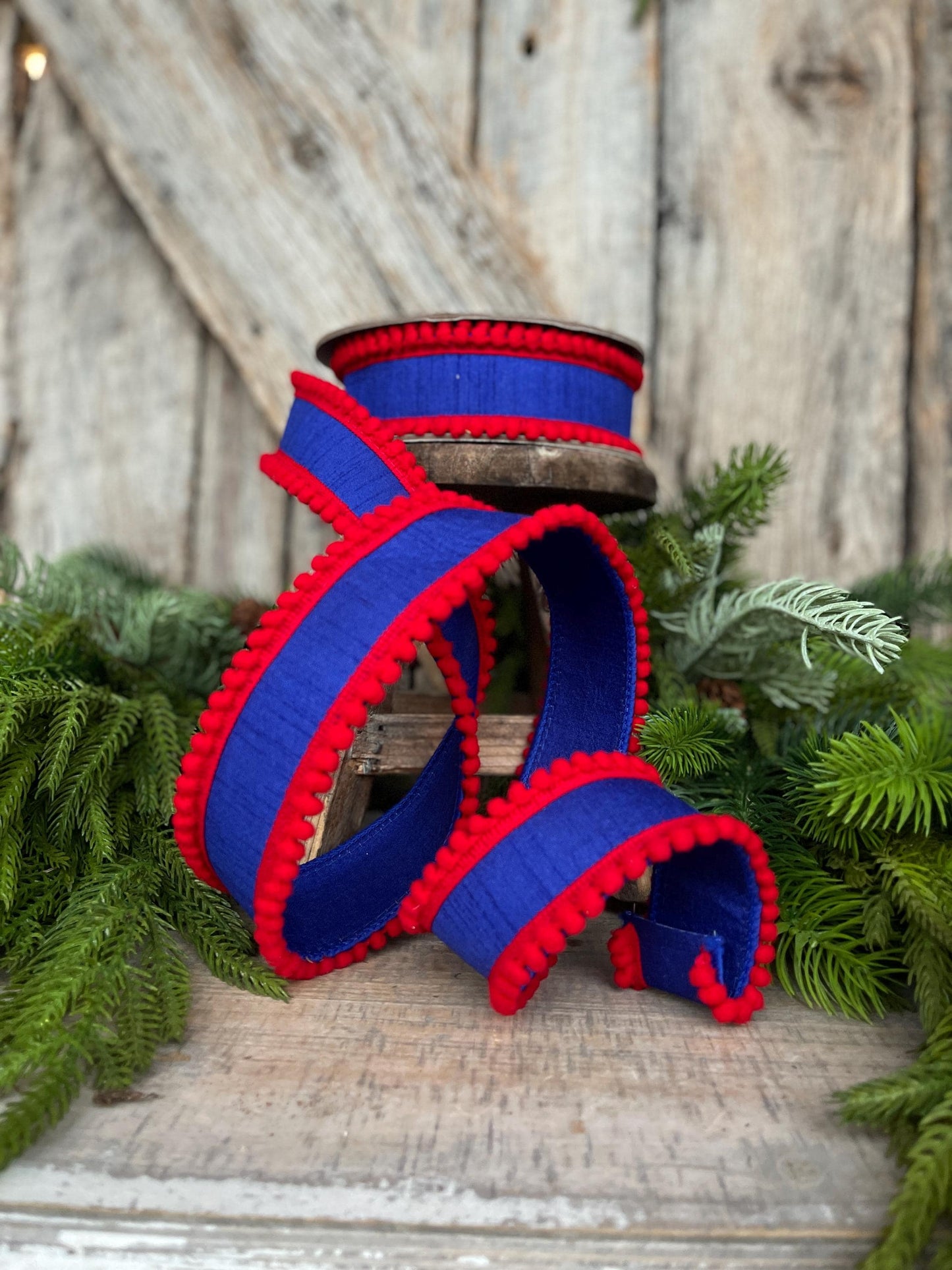 1.5" Patriotic Wired Ribbon, Pom Pom Ribbon Americana Ribbon, 4th of July Decor, 9556W-032-63C