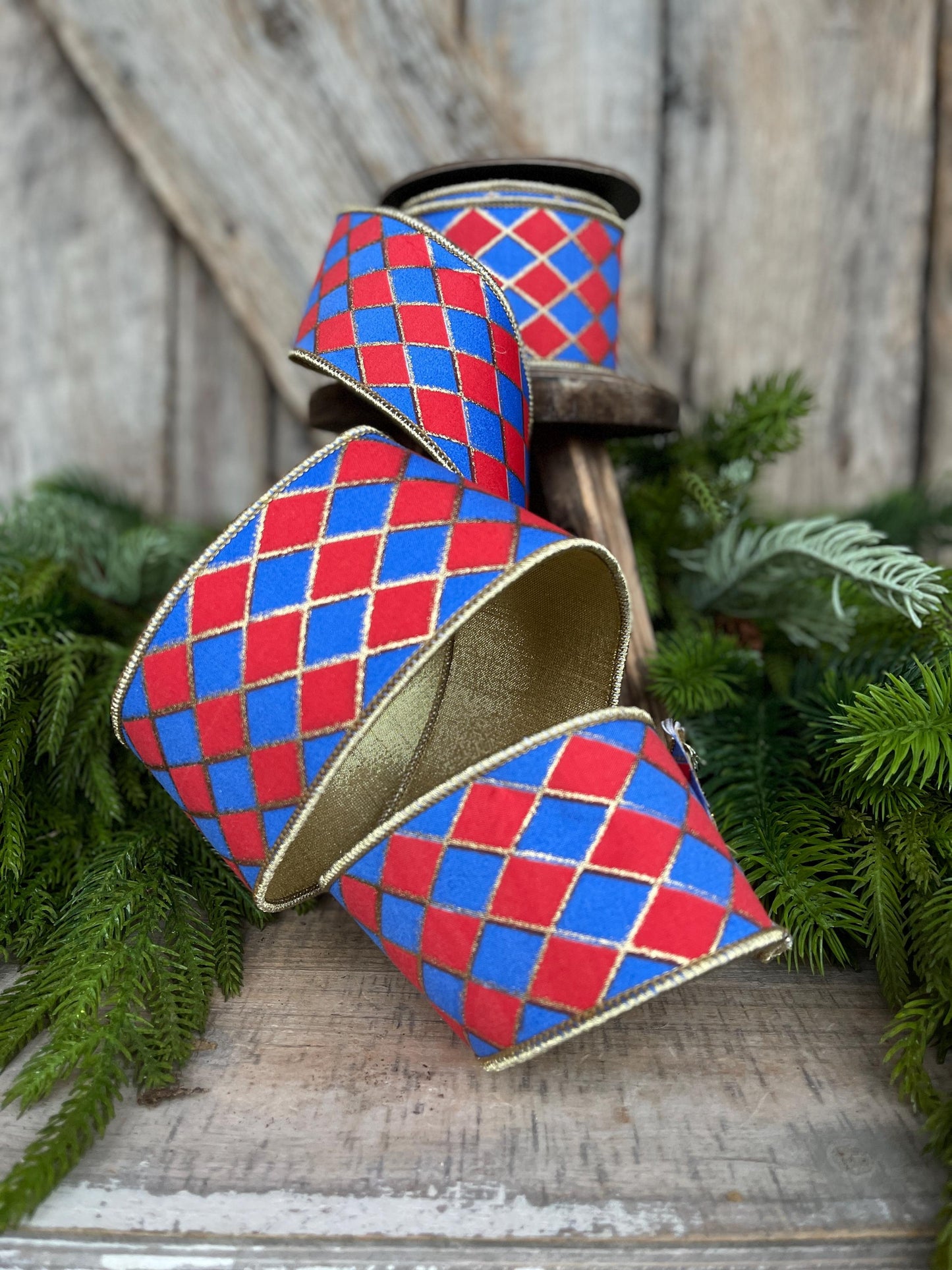 2.5" Patriotic Wired Ribbon, Patriotic Harlequin Ribbon, American Ribbon, USA Ribbon, 4th of July RIbbon, Ribbon for bows, 94562W-250-40D
