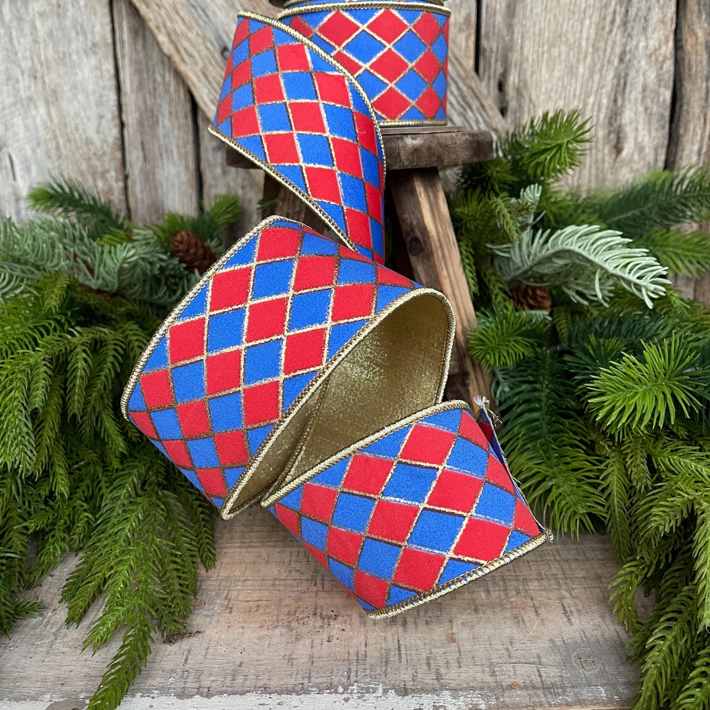 2.5" Patriotic Wired Ribbon, Patriotic Harlequin Ribbon, American Ribbon