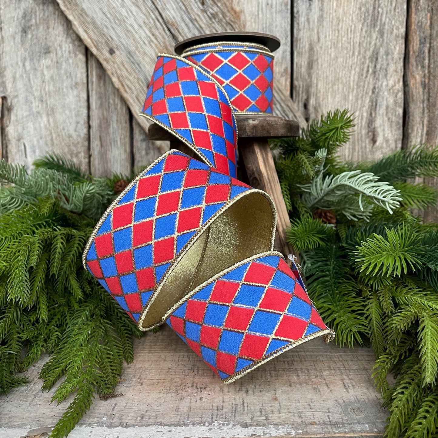 2.5" Patriotic Wired Ribbon, Patriotic Harlequin Ribbon, American Ribbon