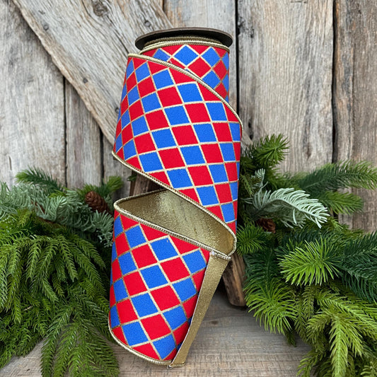 4" Patriotic Wired Ribbon, Patriotic Harlequin Ribbon, American Ribbon