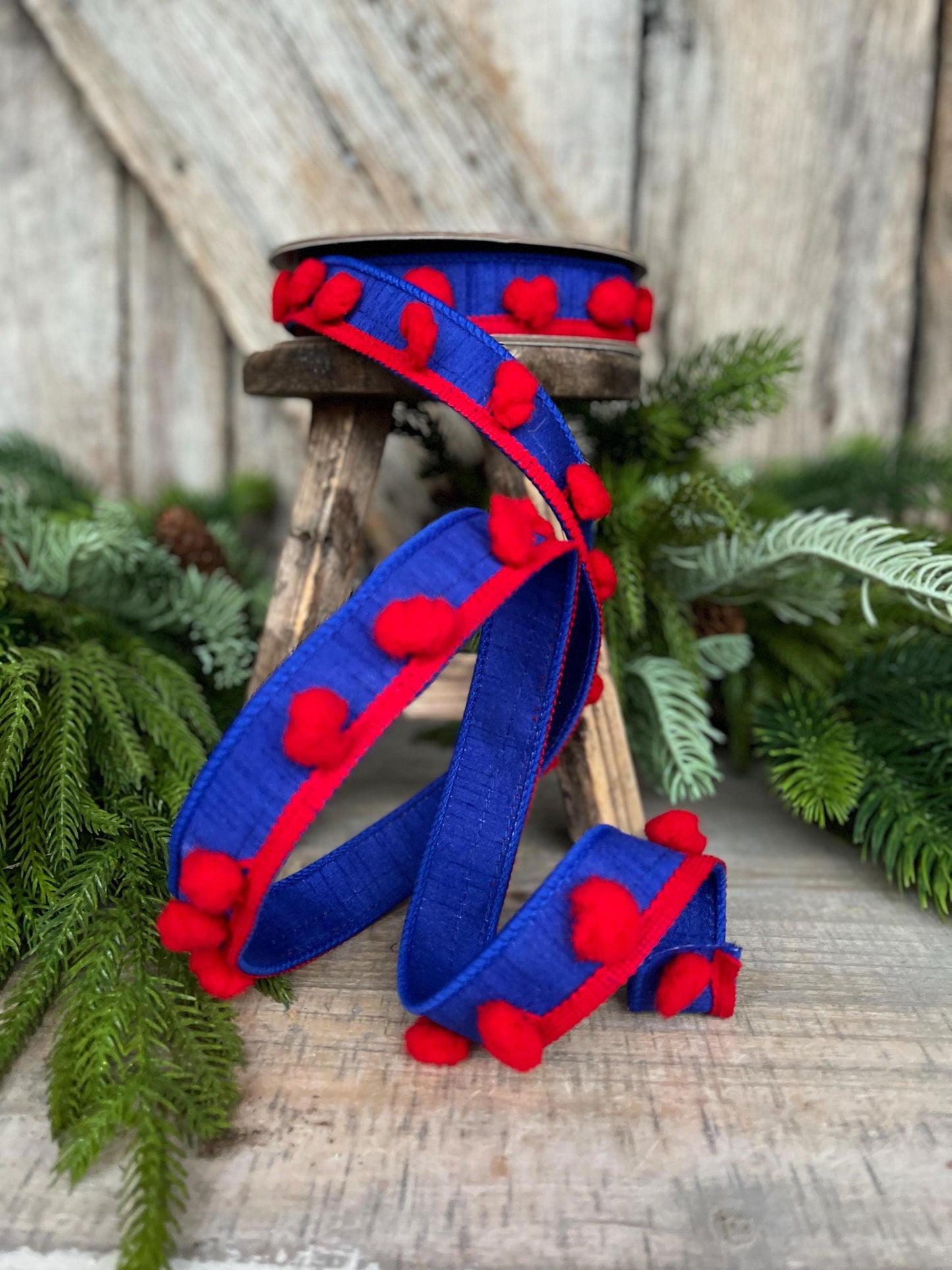 1" Patriotic Wired Ribbon, Pom Pom Ribbon Americana Ribbon, 4th of July Decor, 94597W-941-05D