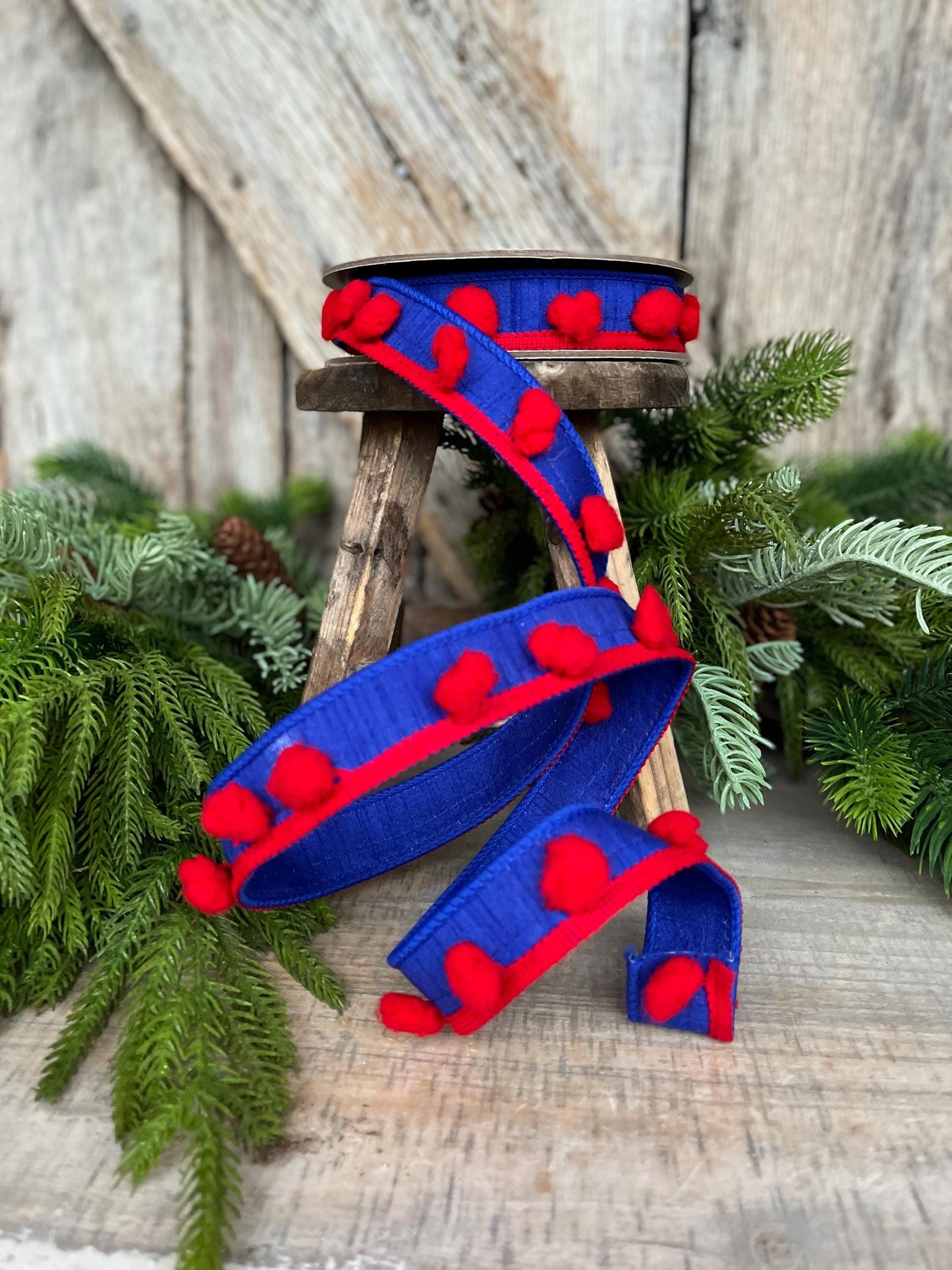 1" Patriotic Wired Ribbon, Pom Pom Ribbon Americana Ribbon, 4th of July Decor, 94597W-941-05D