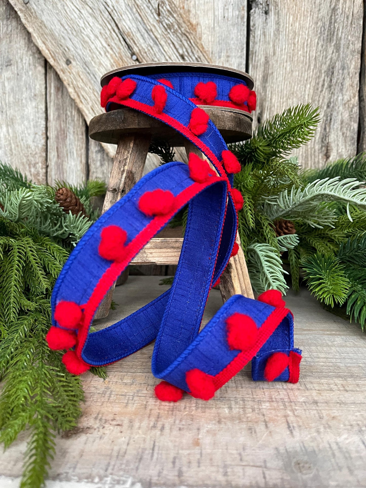 1" Patriotic Wired Ribbon, Pom Pom Ribbon Americana Ribbon, 4th of July Decor, 94597W-941-05D