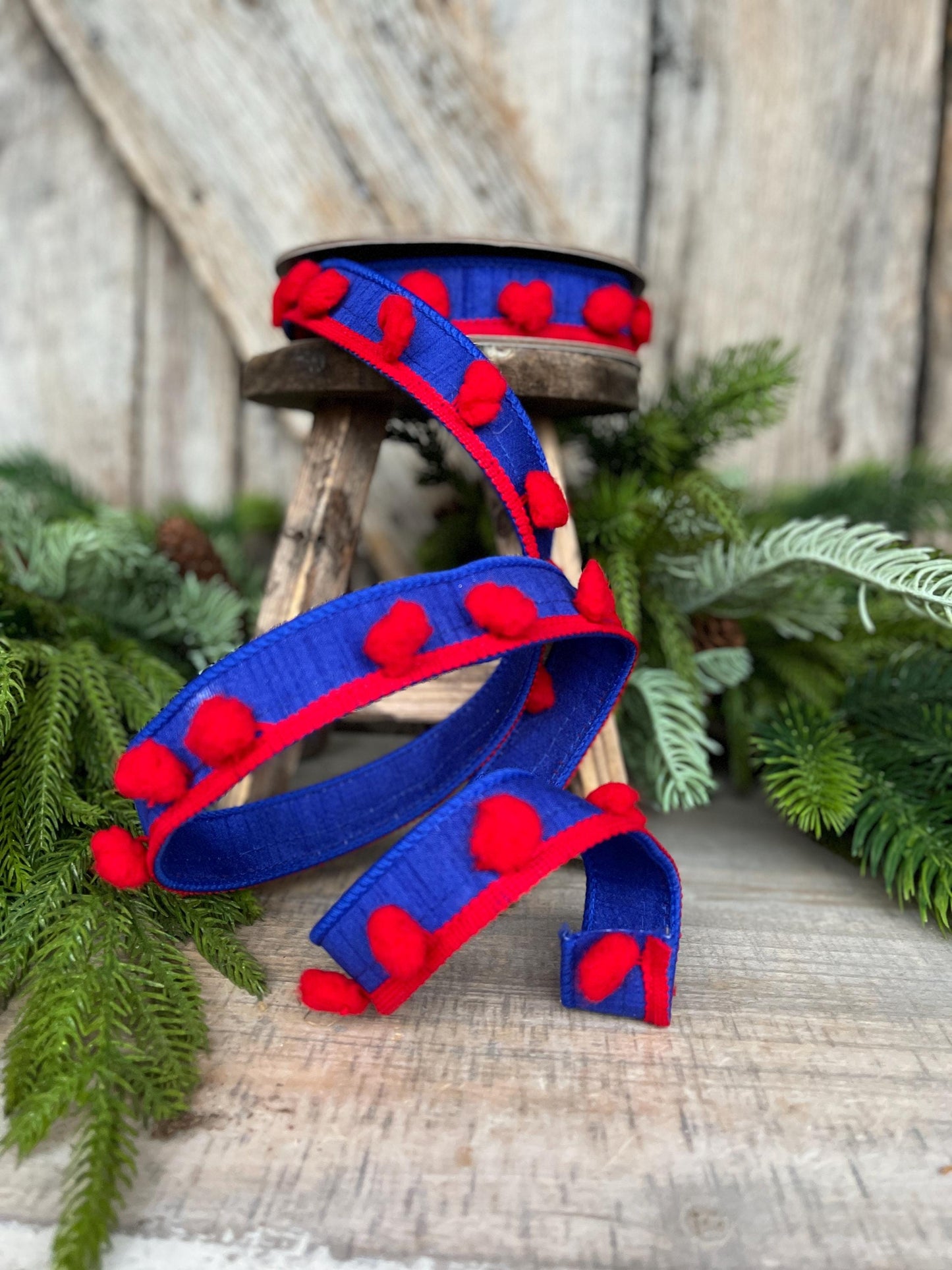 1" Patriotic Wired Ribbon, Pom Pom Ribbon Americana Ribbon, 4th of July Decor, 94597W-941-05D