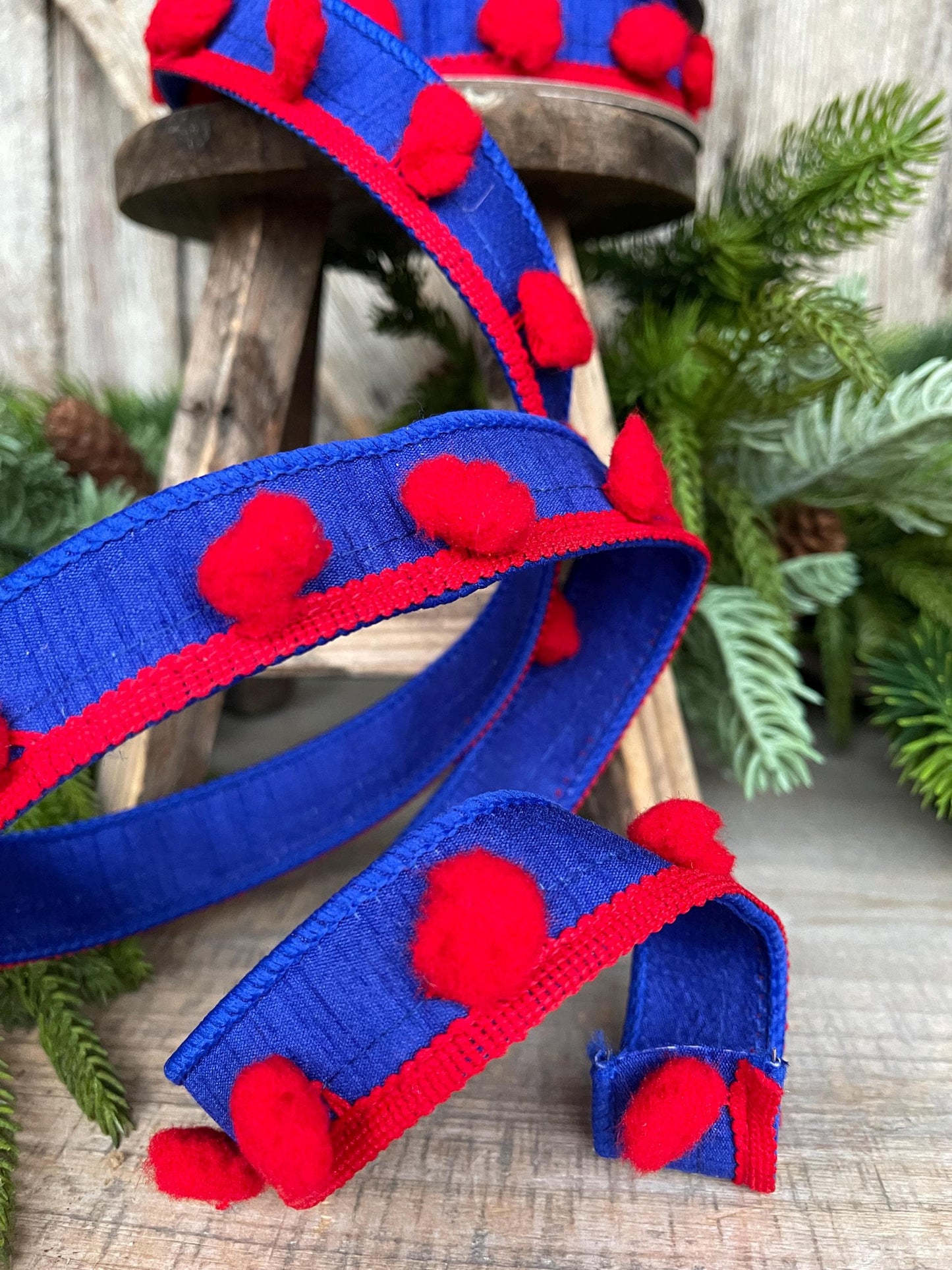 1" Patriotic Wired Ribbon, Pom Pom Ribbon Americana Ribbon, 4th of July Decor, 94597W-941-05D
