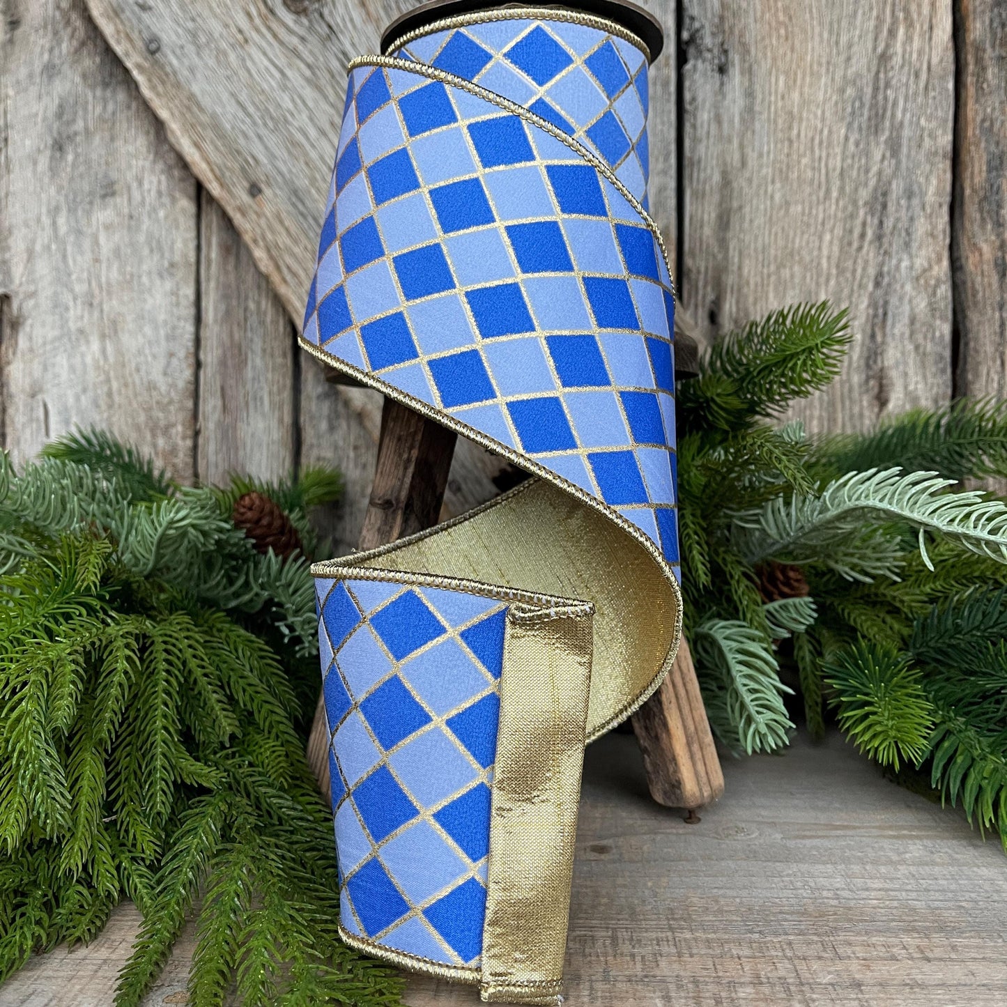 4" French Blue Harlequin Ribbon, Wired Ribbon, Designer Ribbon, 2 Tone Blue Ribbon, Diamond Ribbon, 94562W-350-10D
