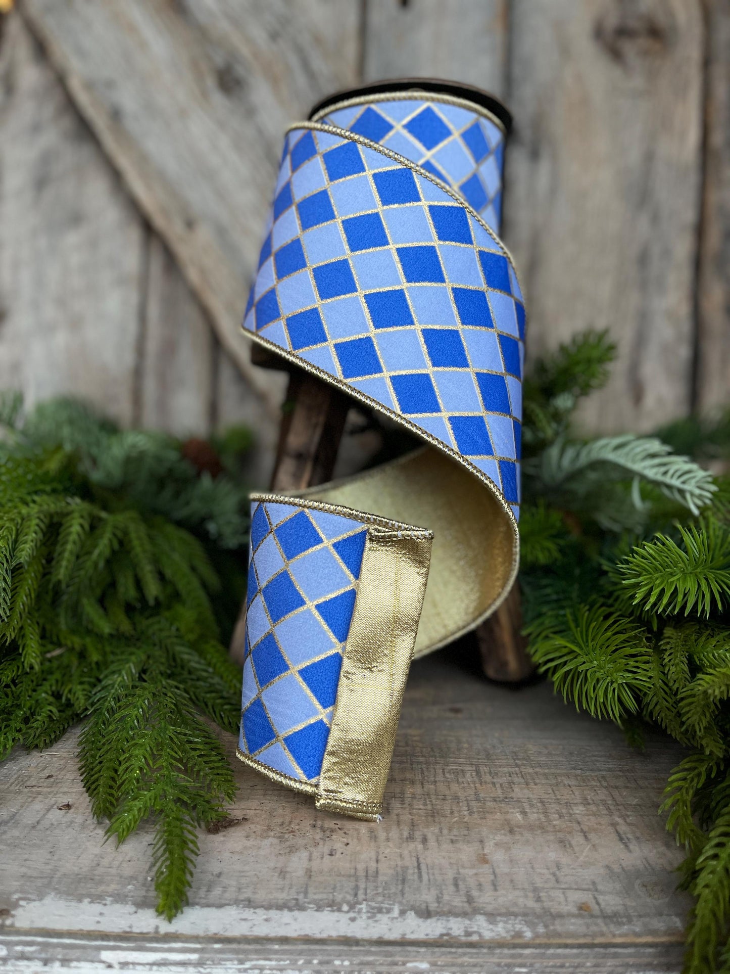 4" French Blue Harlequin Ribbon, Wired Ribbon, Designer Ribbon, 2 Tone Blue Ribbon, Diamond Ribbon, 94562W-350-10D