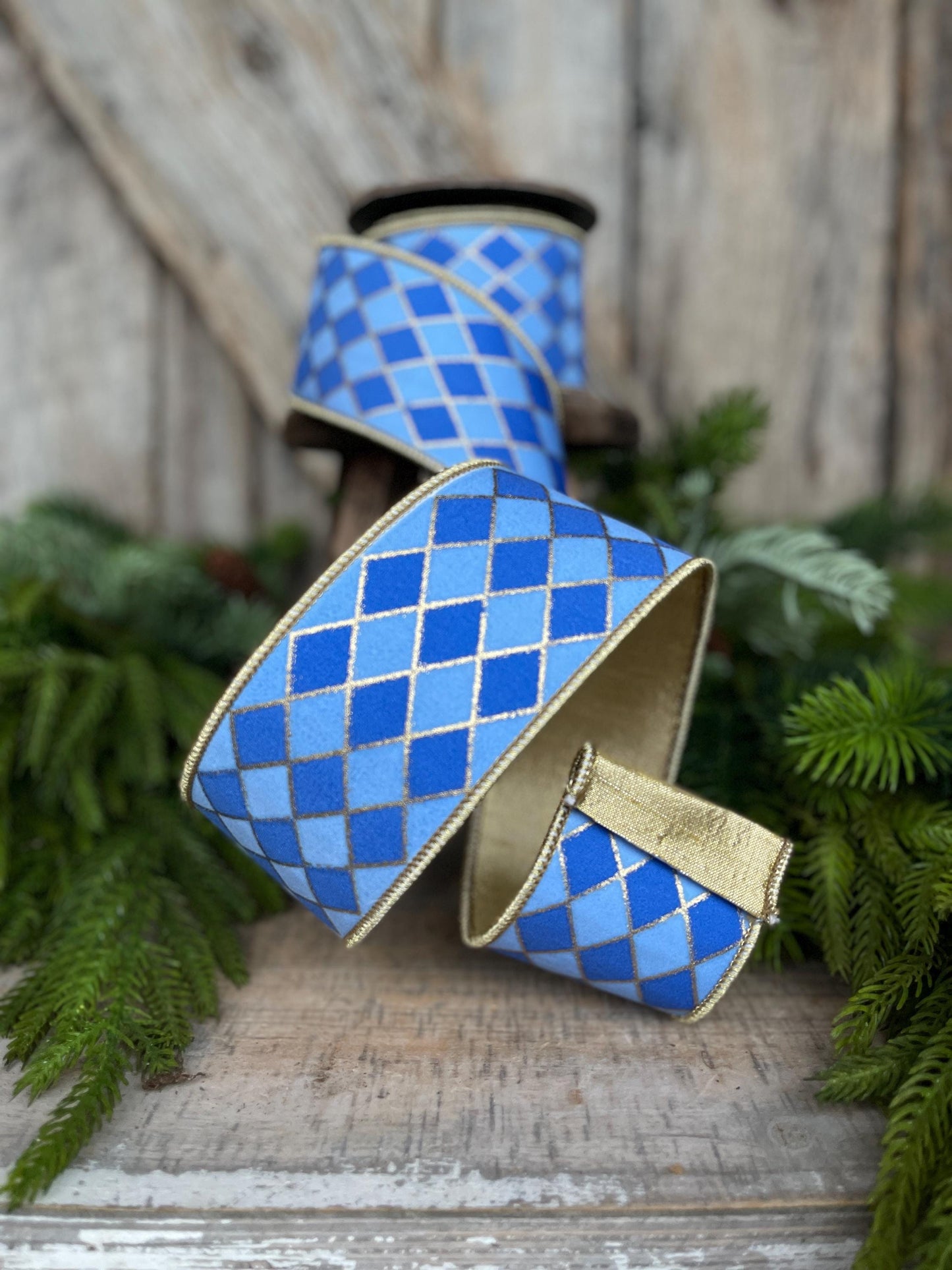 2.5" French Blue Harlequin Ribbon, Wired Ribbon, Designer Ribbon, 2 Tone Blue Ribbon, Diamond Ribbon, 94562W-350-40D