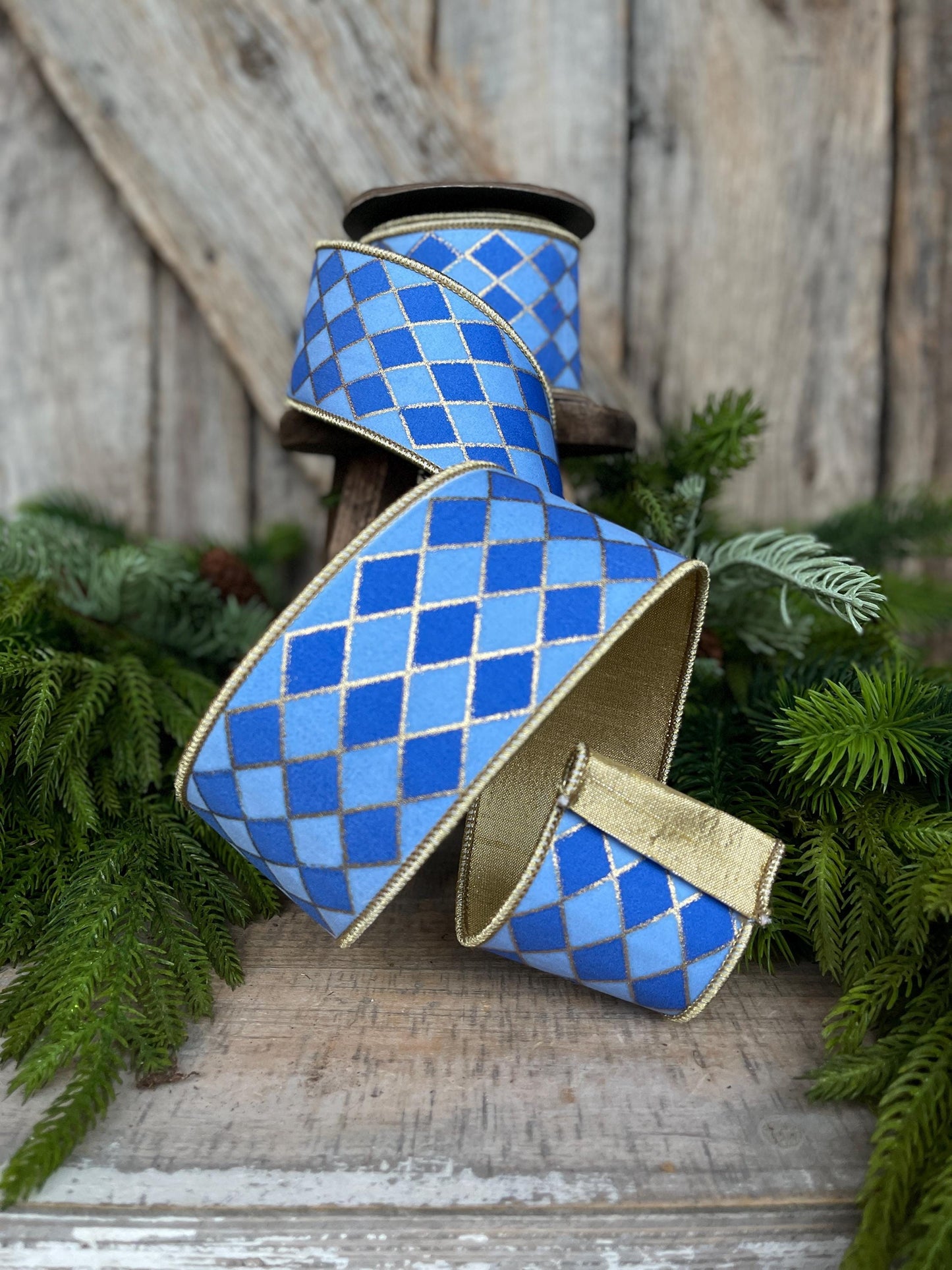 2.5" French Blue Harlequin Ribbon, Wired Ribbon, Designer Ribbon, 2 Tone Blue Ribbon, Diamond Ribbon, 94562W-350-40D