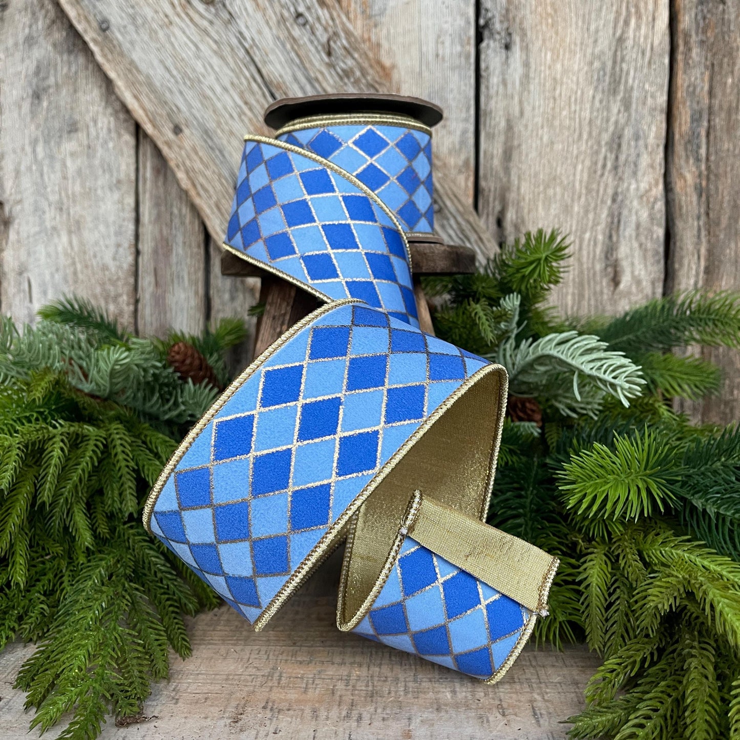 2.5" French Blue Harlequin Ribbon, Wired Ribbon, Designer Ribbon, 2 Tone Blue Ribbon, Diamond Ribbon, 94562W-350-40D
