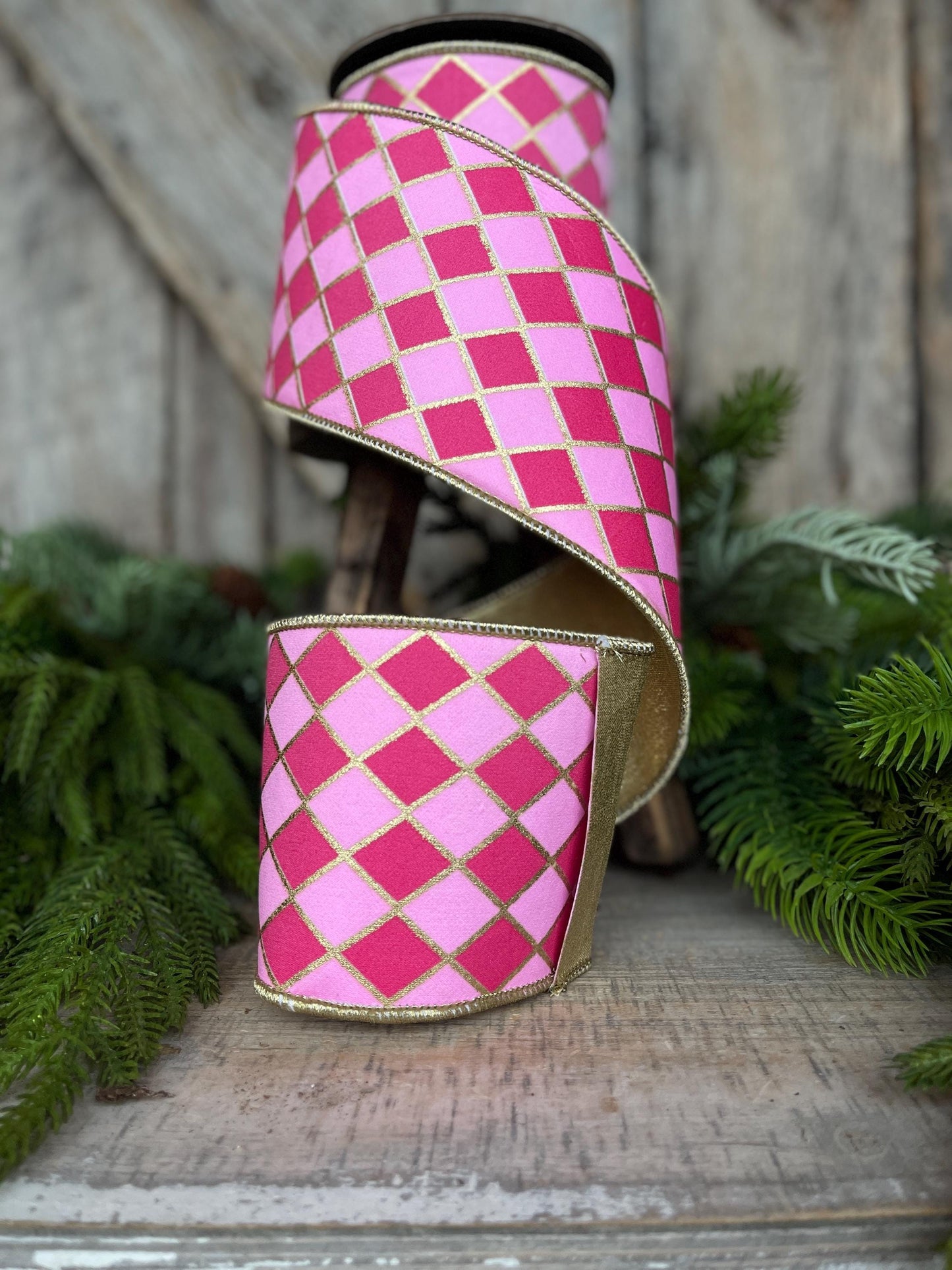 4" Pink Harlequin Ribbon, Wired Ribbon, Designer Ribbon, 2 Tone Pink Ribbon, Diamond Ribbon, 94562W-372-10D