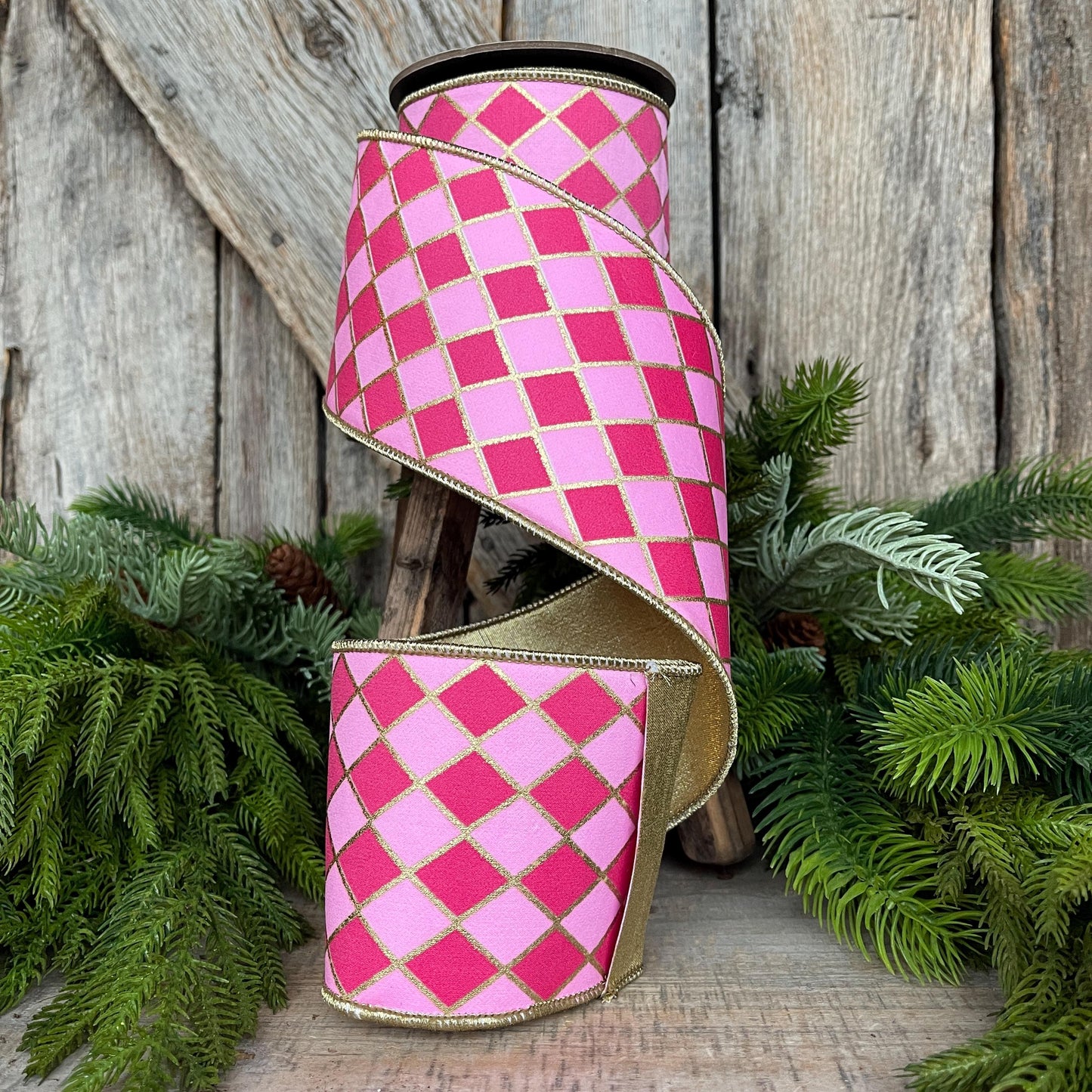 4" Pink Harlequin Ribbon, Wired Ribbon, Designer Ribbon, 2 Tone Pink Ribbon, Diamond Ribbon, 94562W-372-10D