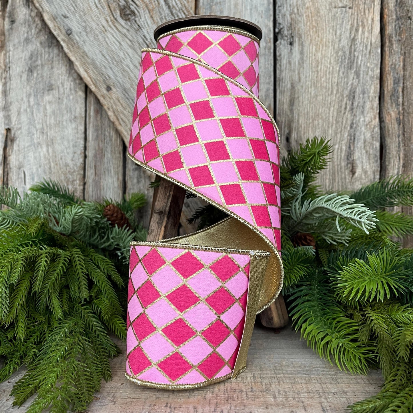 4" Pink Harlequin Ribbon, Wired Ribbon, Designer Ribbon, 2 Tone Pink Ribbon, Diamond Ribbon, 94562W-372-10D