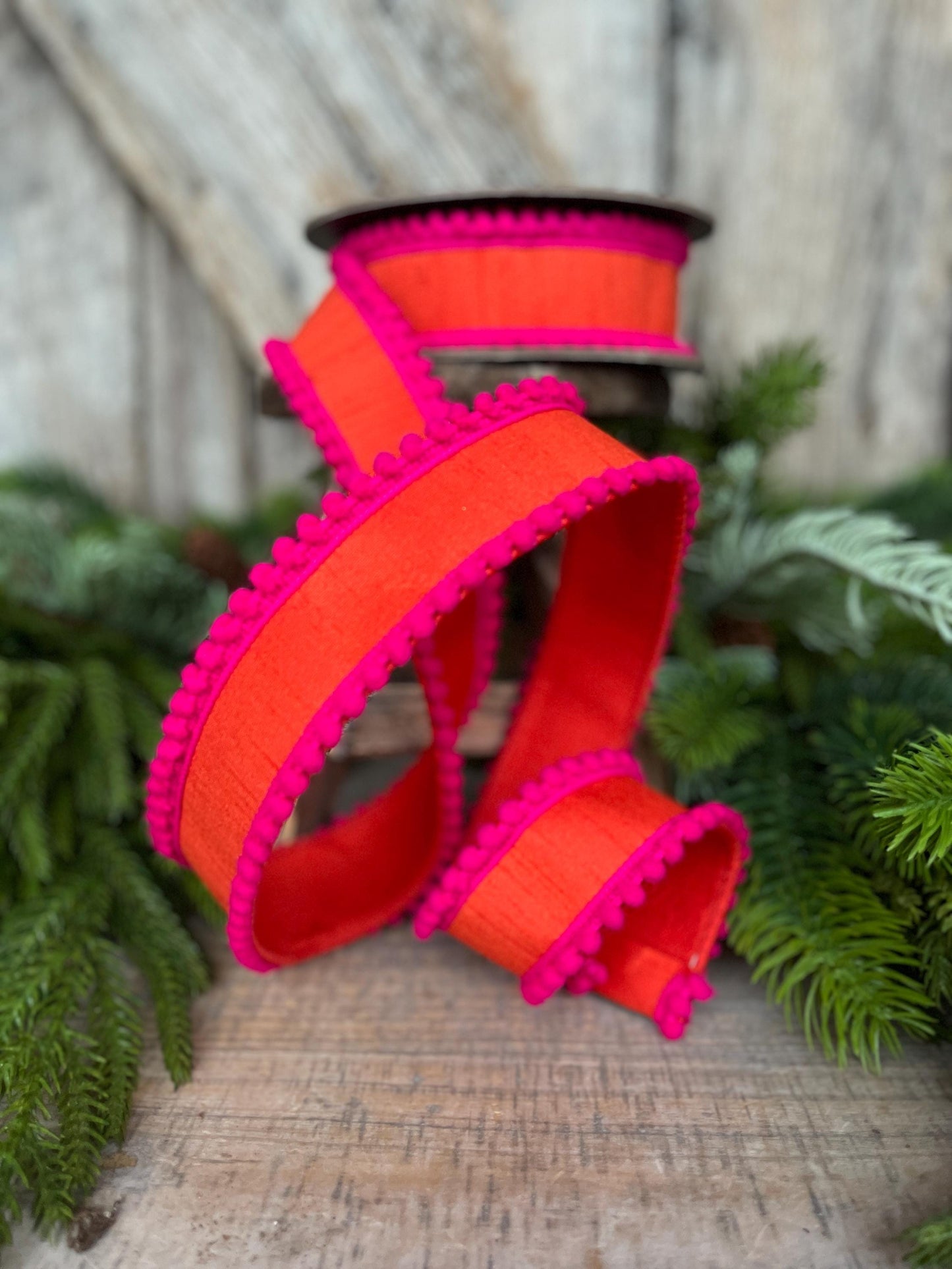 1.5" Orange Hot Pink Ribbon, Wired Ribbon, Designer Ribbon, Orange Ribbon, Pom Pom Ribbon, 94596W-187-09D