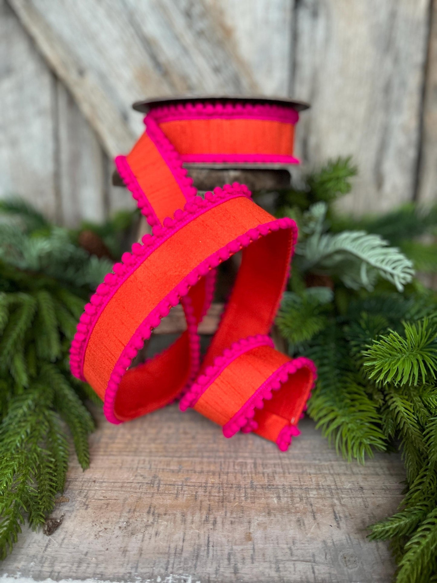 1.5" Orange Hot Pink Ribbon, Wired Ribbon, Designer Ribbon, Orange Ribbon, Pom Pom Ribbon, 94596W-187-09D