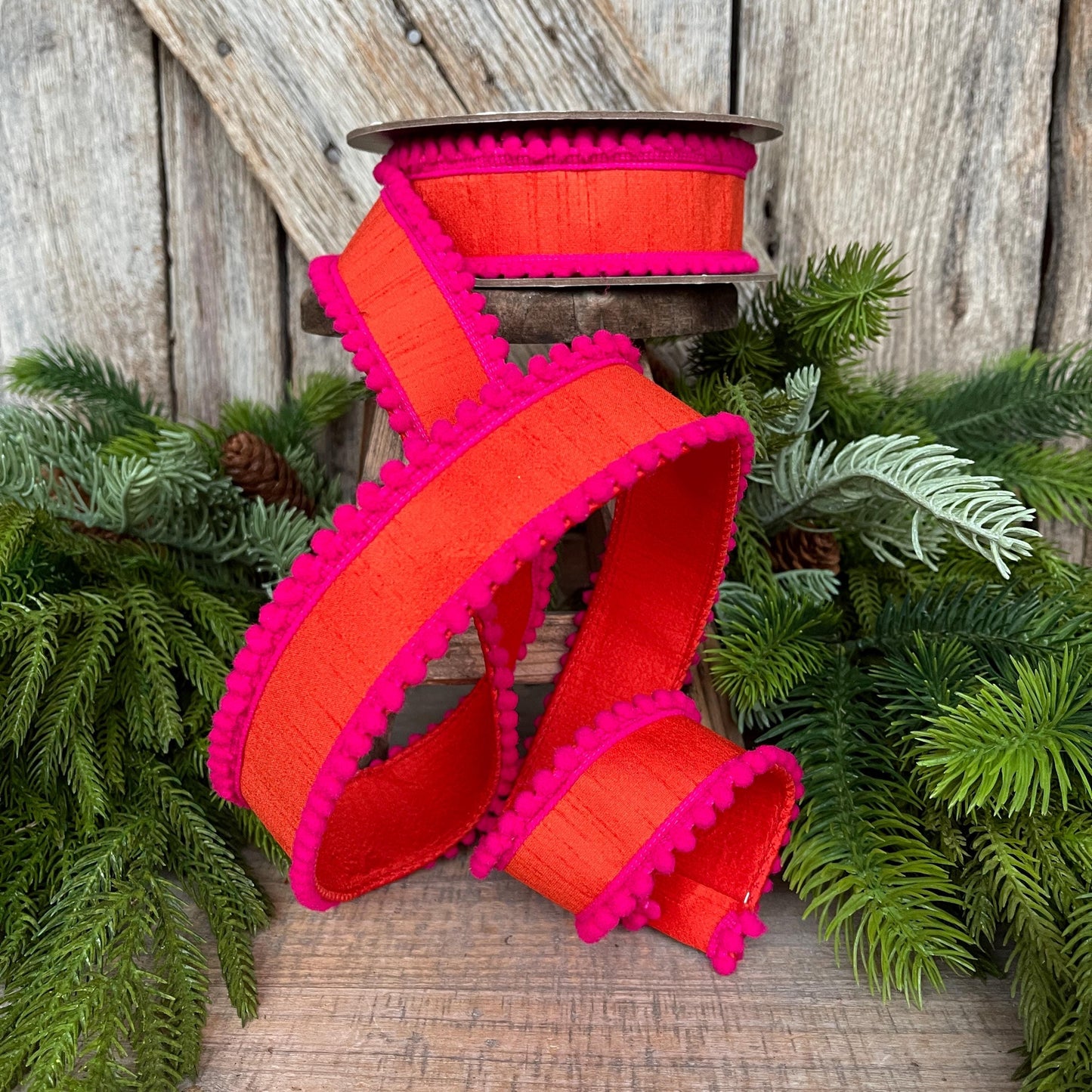 1.5" Orange Hot Pink Ribbon, Wired Ribbon, Designer Ribbon, Orange Ribbon, Pom Pom Ribbon, 94596W-187-09D