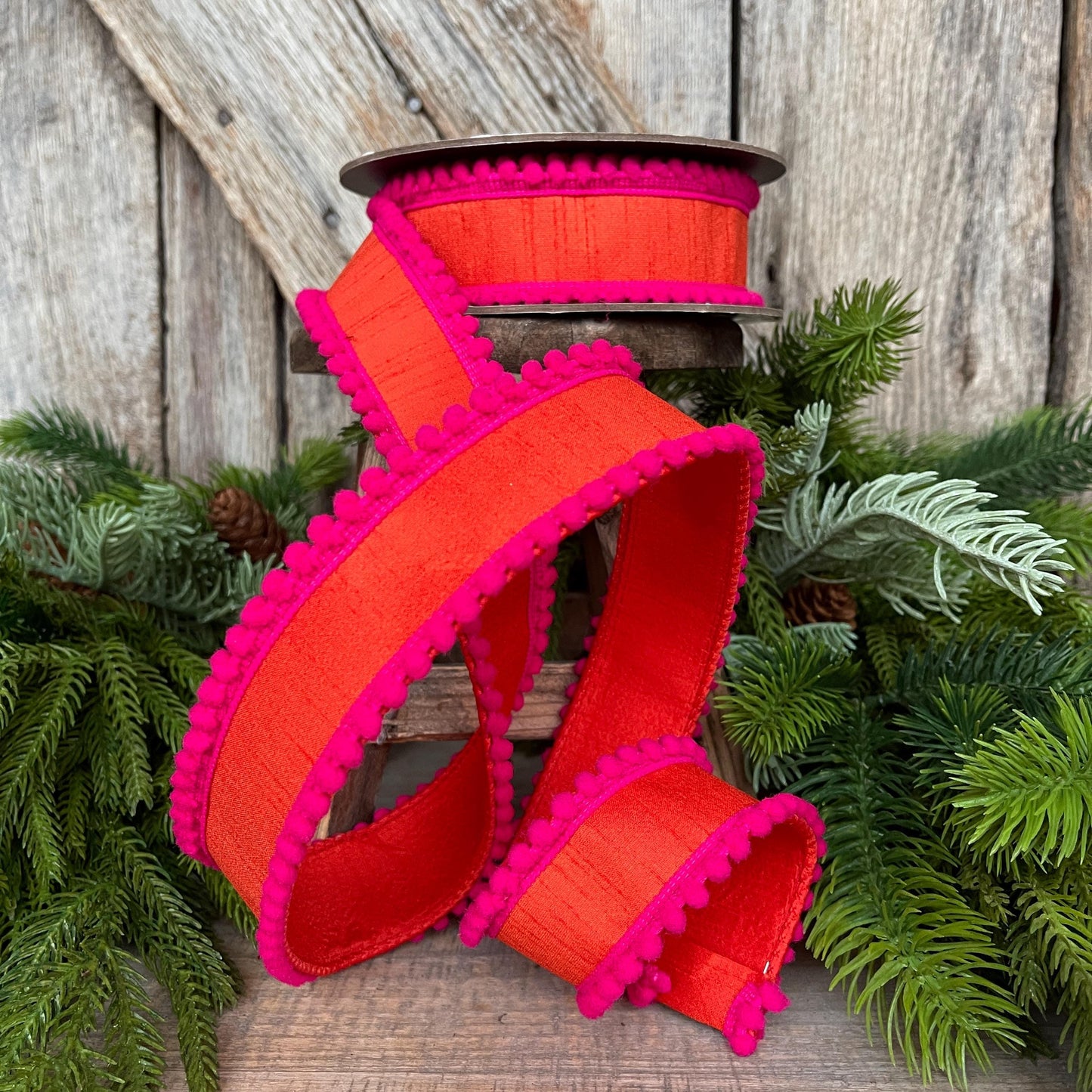 1.5" Orange Hot Pink Ribbon, Wired Ribbon, Designer Ribbon, Orange Ribbon, Pom Pom Ribbon, 94596W-187-09D