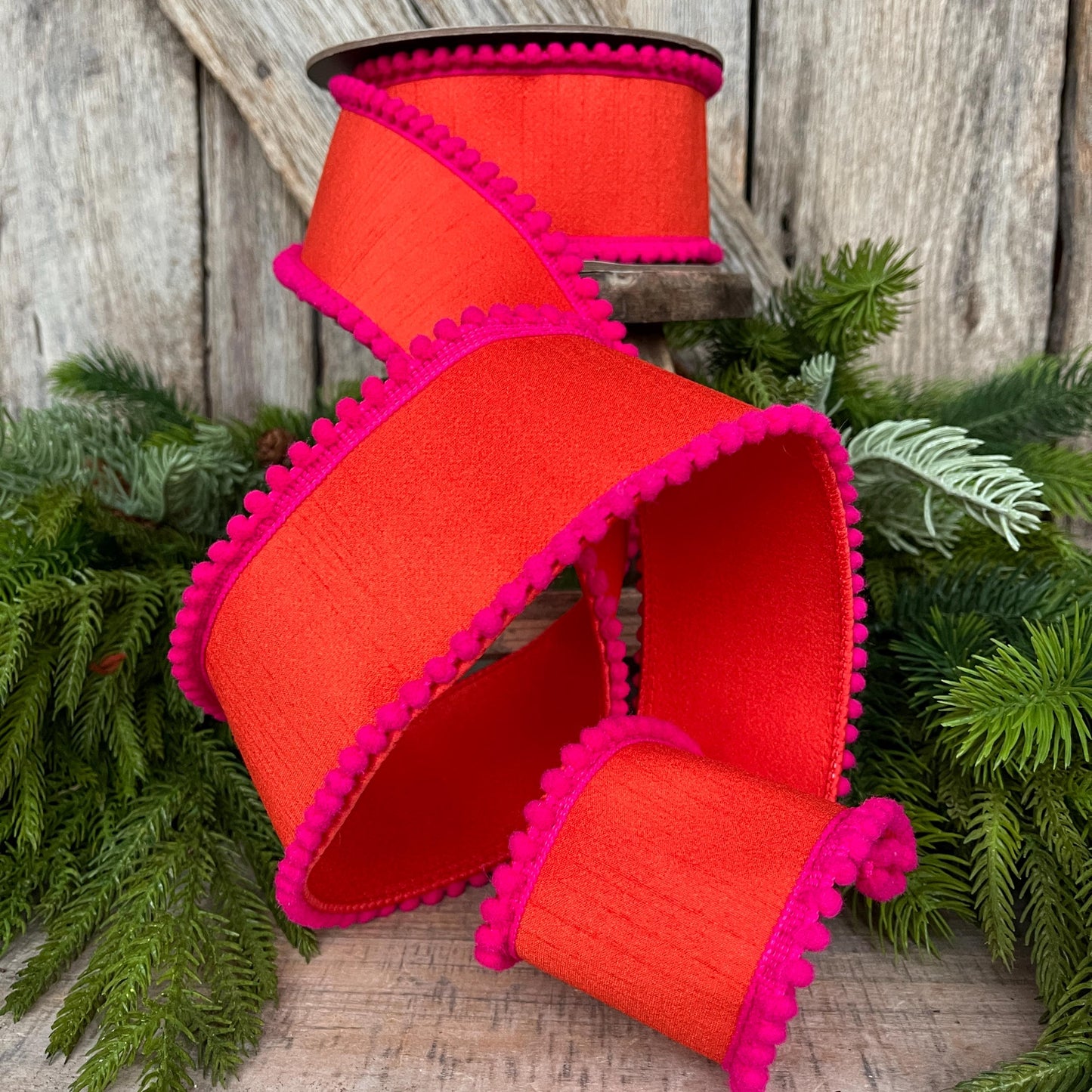 2.5" Orange Hot Pink Ribbon, Wired Ribbon, Designer Ribbon, Orange Ribbon, Pom Pom Ribbon, 94596W-187-40D