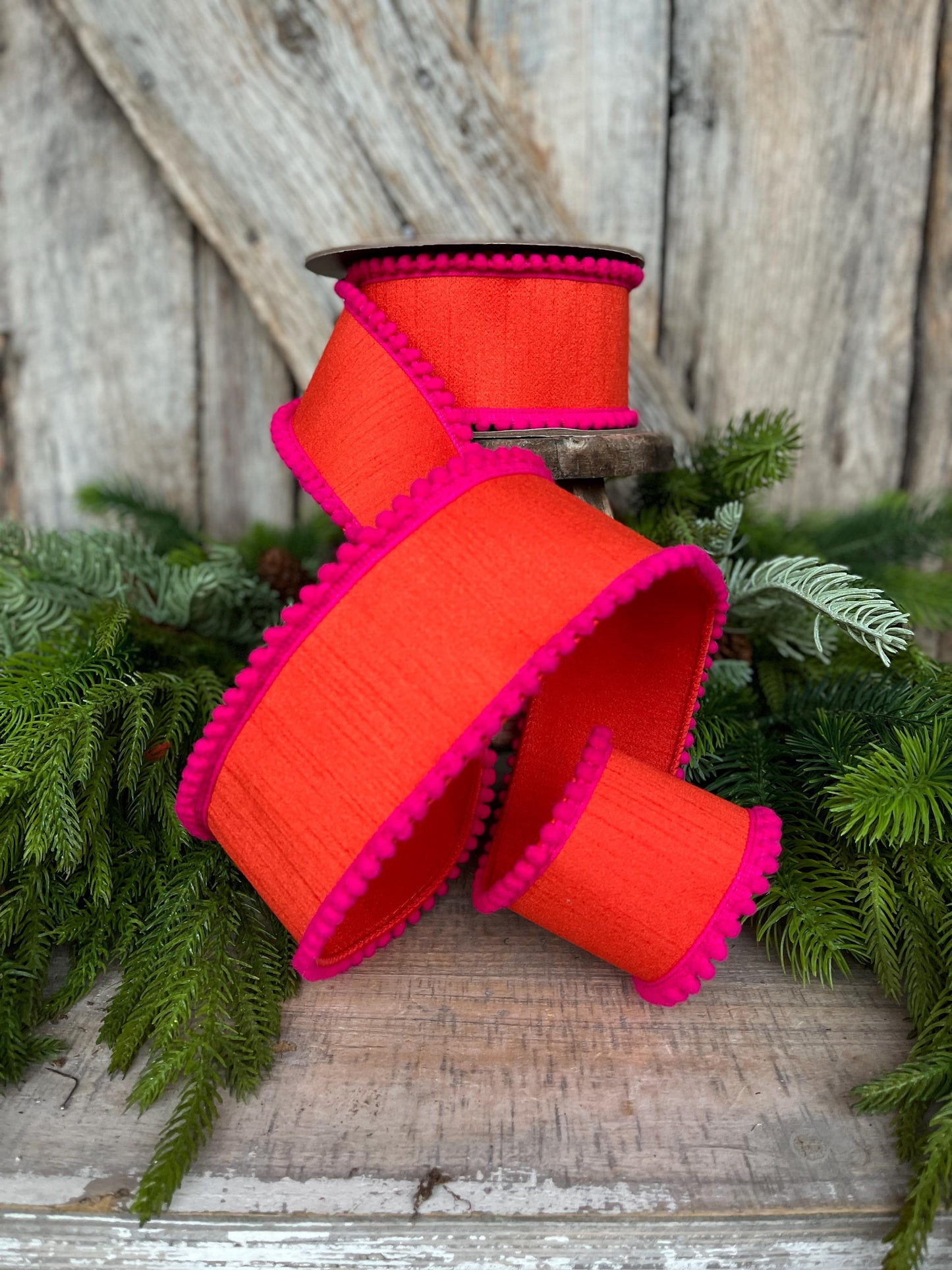 2.5" Orange Hot Pink Ribbon, Wired Ribbon, Designer Ribbon, Orange Ribbon, Pom Pom Ribbon, 94596W-187-40D