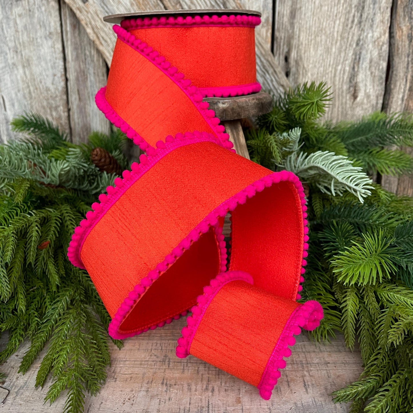 2.5" Orange Hot Pink Ribbon, Wired Ribbon, Designer Ribbon, Orange Ribbon, Pom Pom Ribbon, 94596W-187-40D
