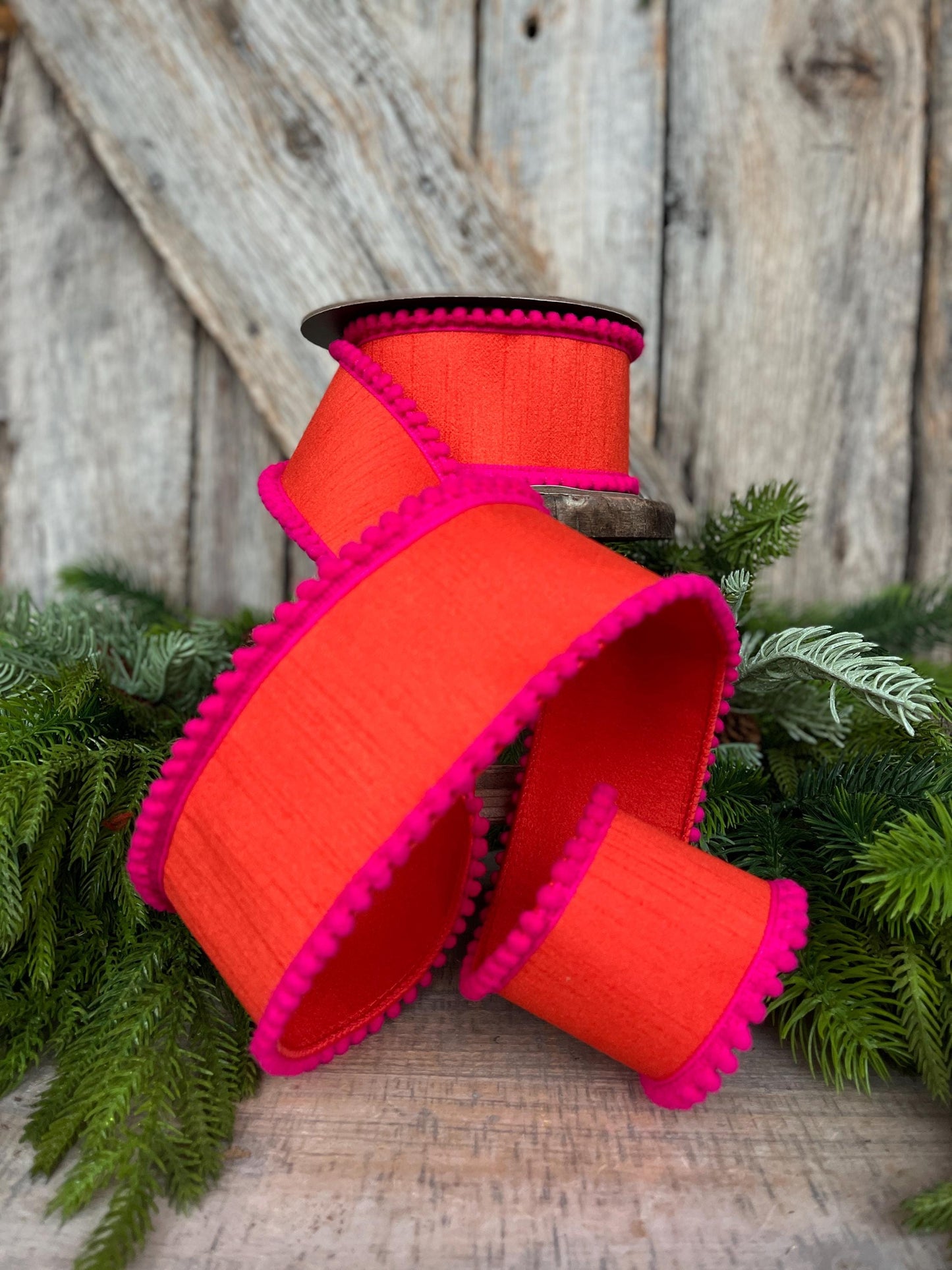 2.5" Orange Hot Pink Ribbon, Wired Ribbon, Designer Ribbon, Orange Ribbon, Pom Pom Ribbon, 94596W-187-40D