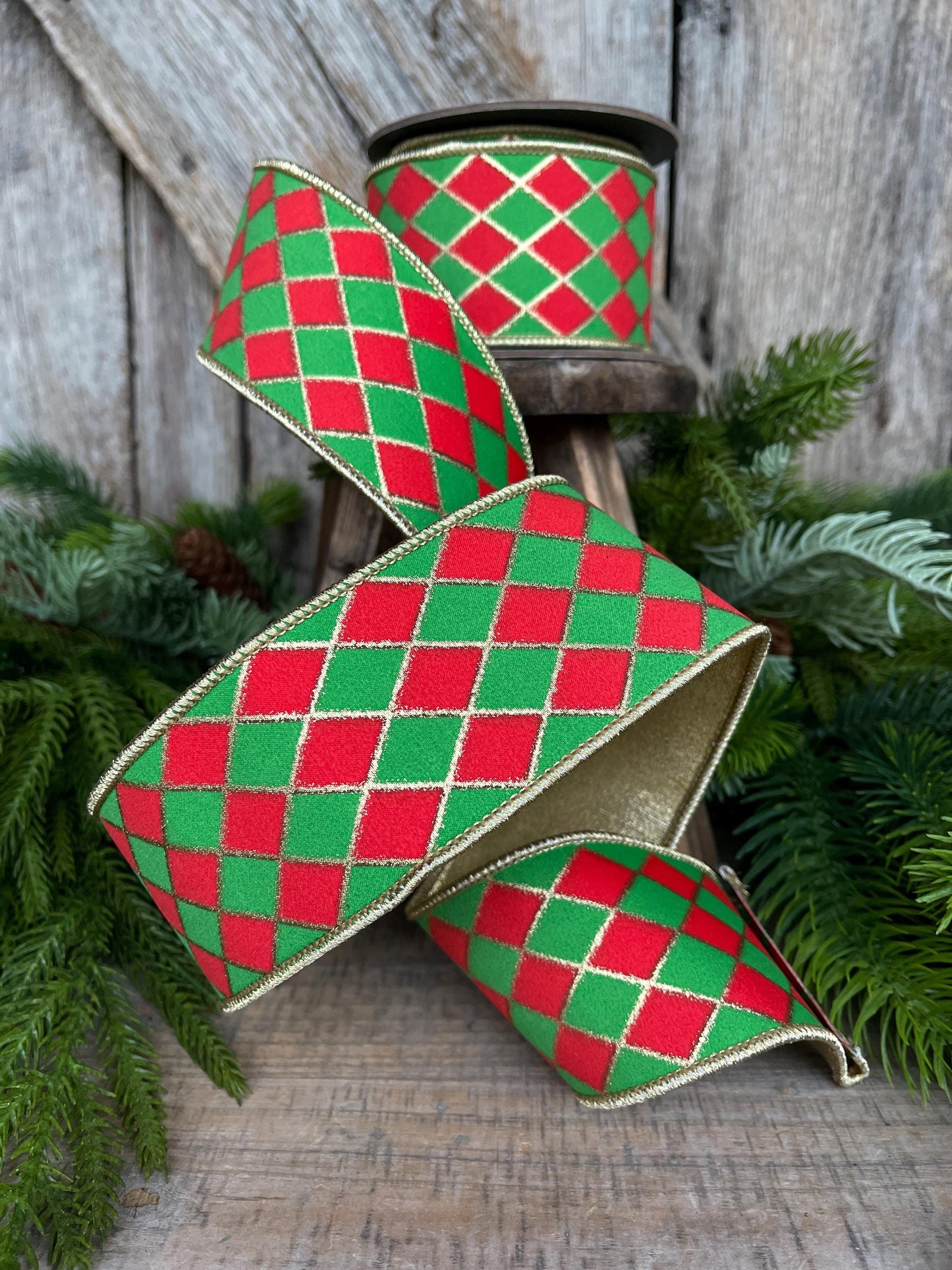 2.5" Red and Green Harlequin Ribbon, Christmas Ribbon, Harlequin Ribbon