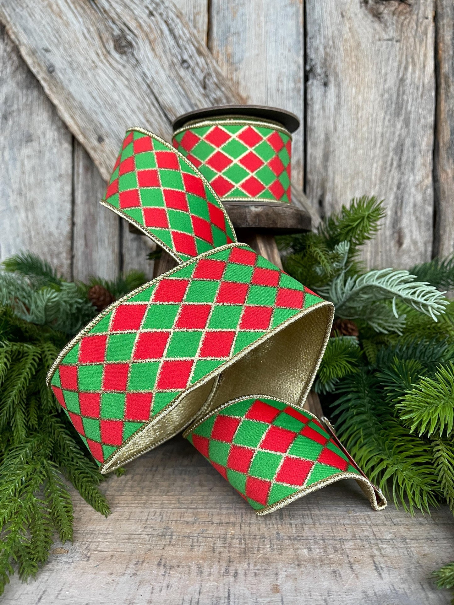 2.5" Red and Green Harlequin Ribbon, Christmas Ribbon, Harlequin Ribbon