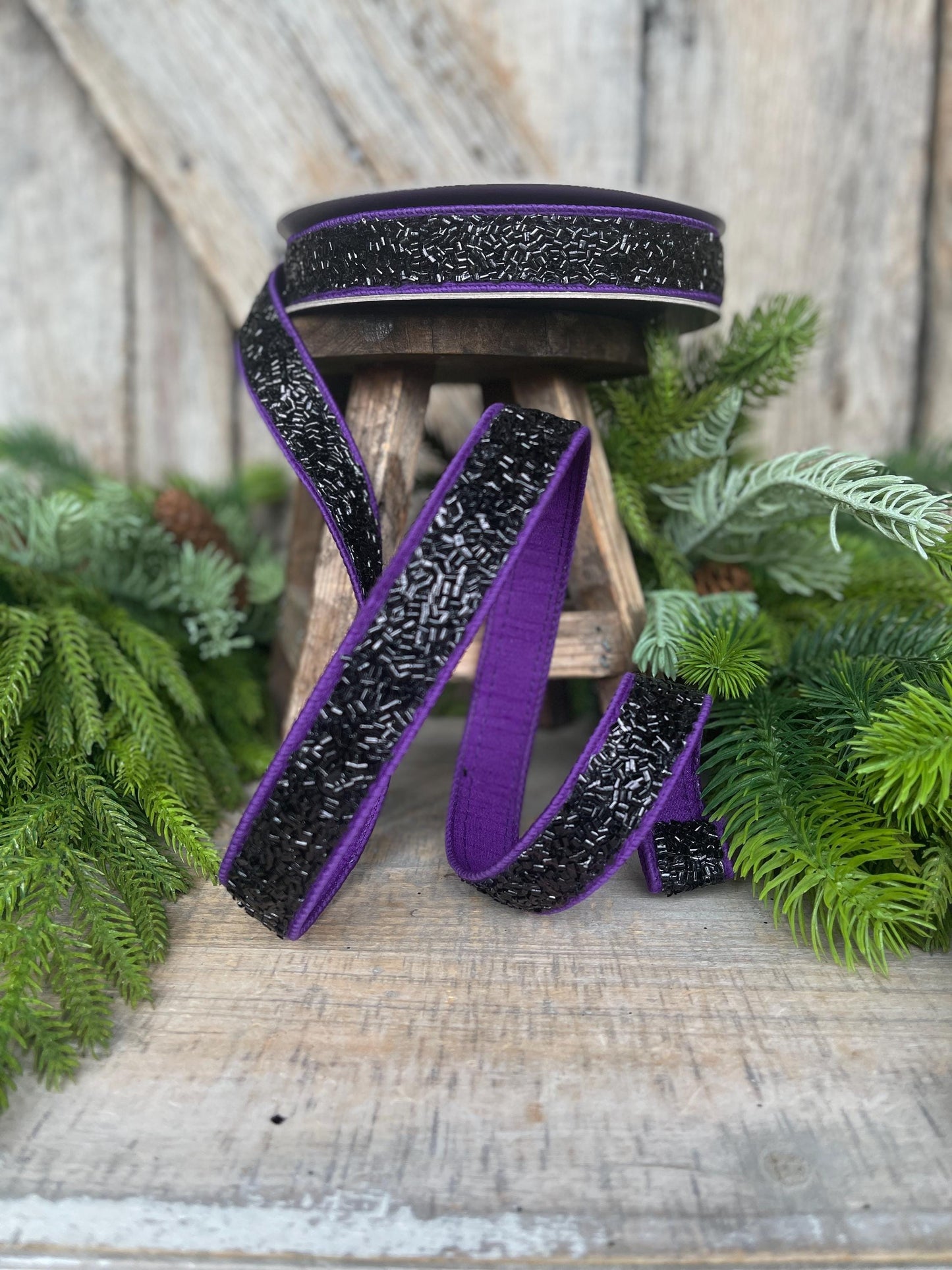 1" Purple Black Halloween Ribbon, Farrisilk Ribbon, Creepy Fuzz Ribbon, Wired Ribbon, HR037-27