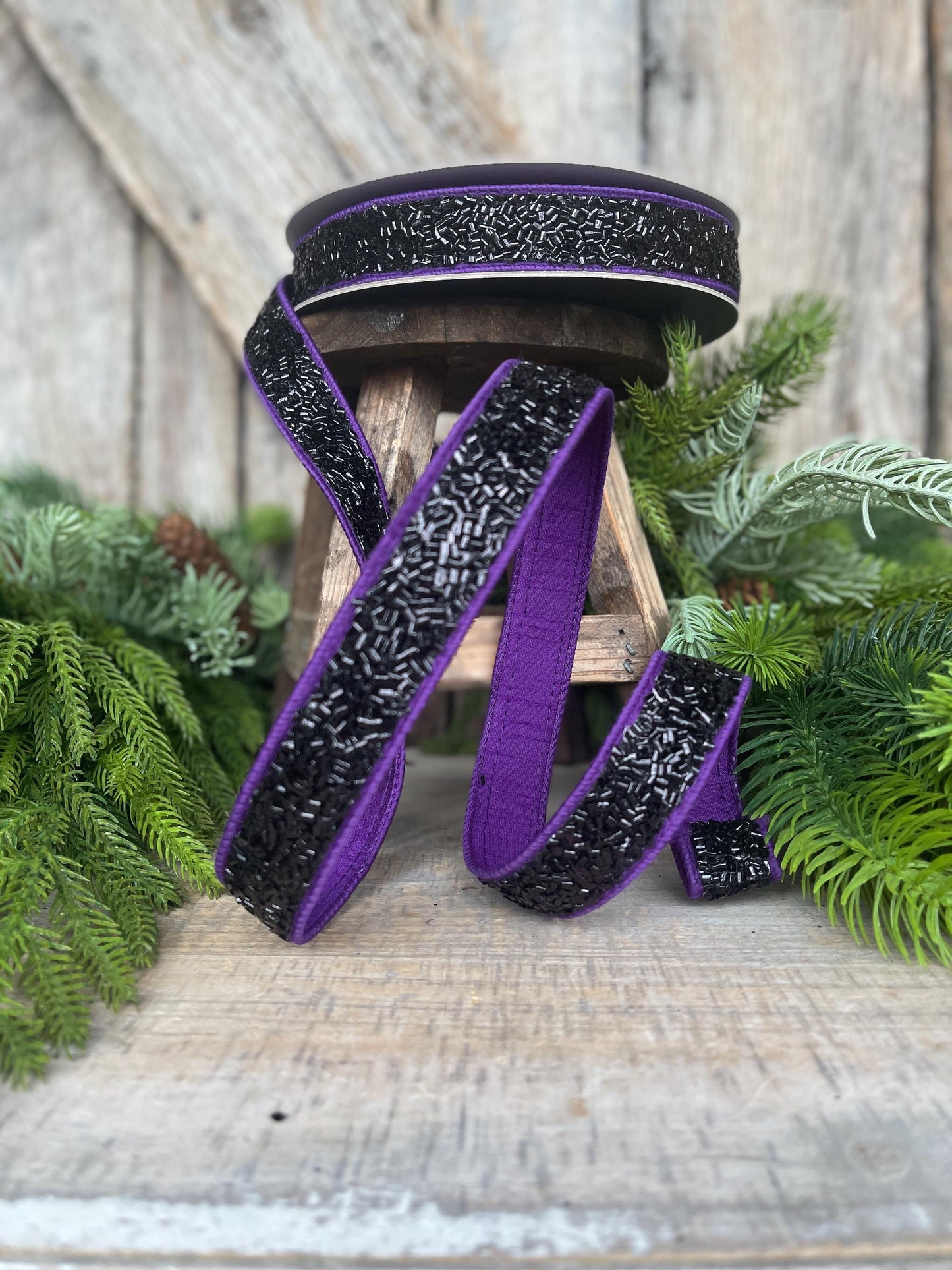 1" Purple Black Halloween Ribbon, Farrisilk Ribbon, Creepy Fuzz Ribbon, Wired Ribbon, HR037-27