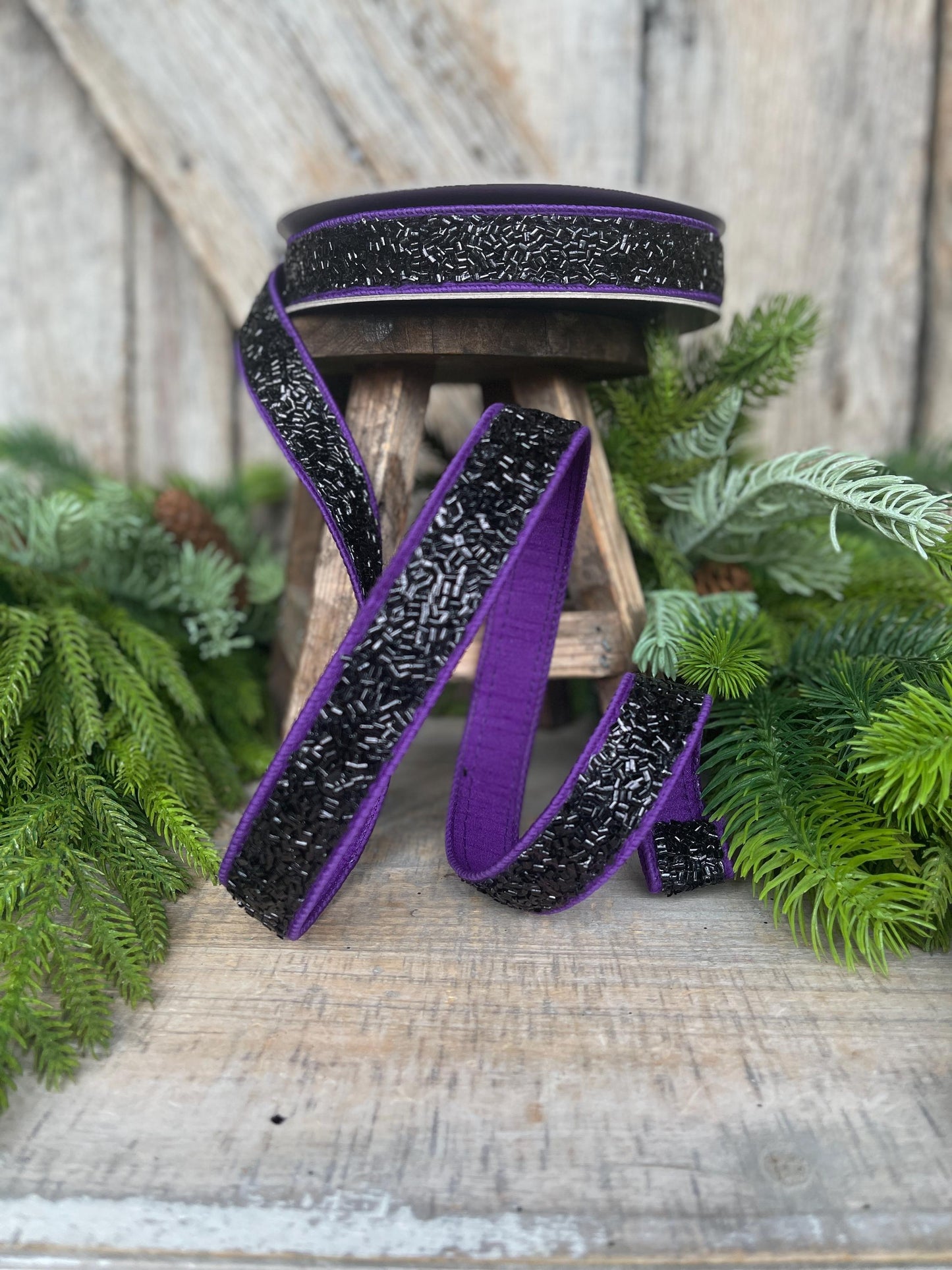 1" Purple Black Halloween Ribbon, Farrisilk Ribbon, Creepy Fuzz Ribbon, Wired Ribbon, HR037-27