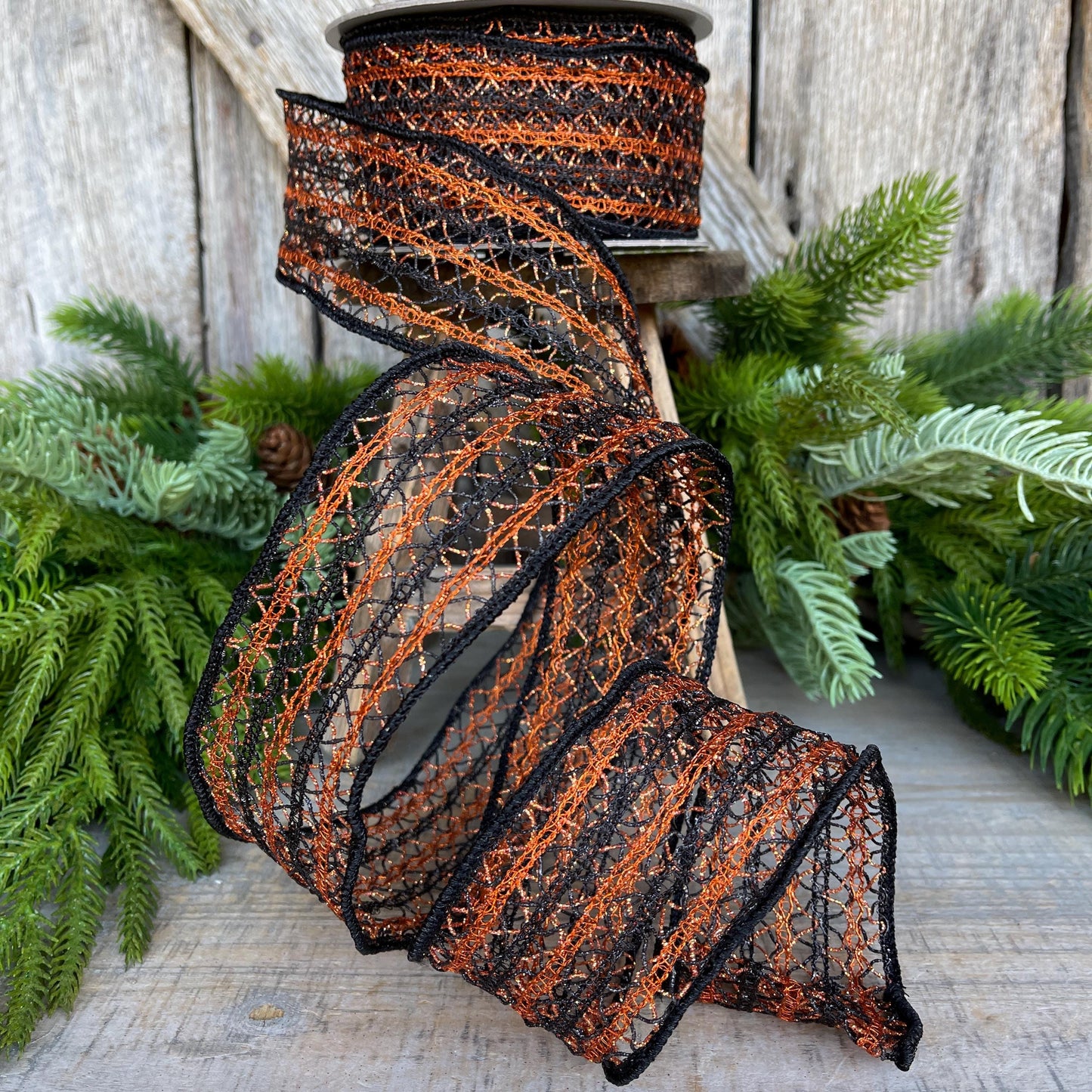2.5" Orange Halloween Ribbon, Farrisilk Ribbon, Creepy Crochet, Halloween Ribbon, Wired Ribbon, Orange Halloween Ribbon, HR030-87